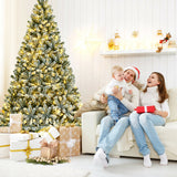 8 英尺预亮雪植绒圣诞树，带尖头和金属支架 - 8 英尺 8 Feet Pre-lit Snow Flocked Christmas Tree with Tips and Metal Stand-8 ft