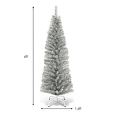 6 英尺金属丝树未点燃细长铅笔圣诞树 - 银色 6 Feet Tinsel Tree Unlit Slim Pencil Christmas Tree-Silver