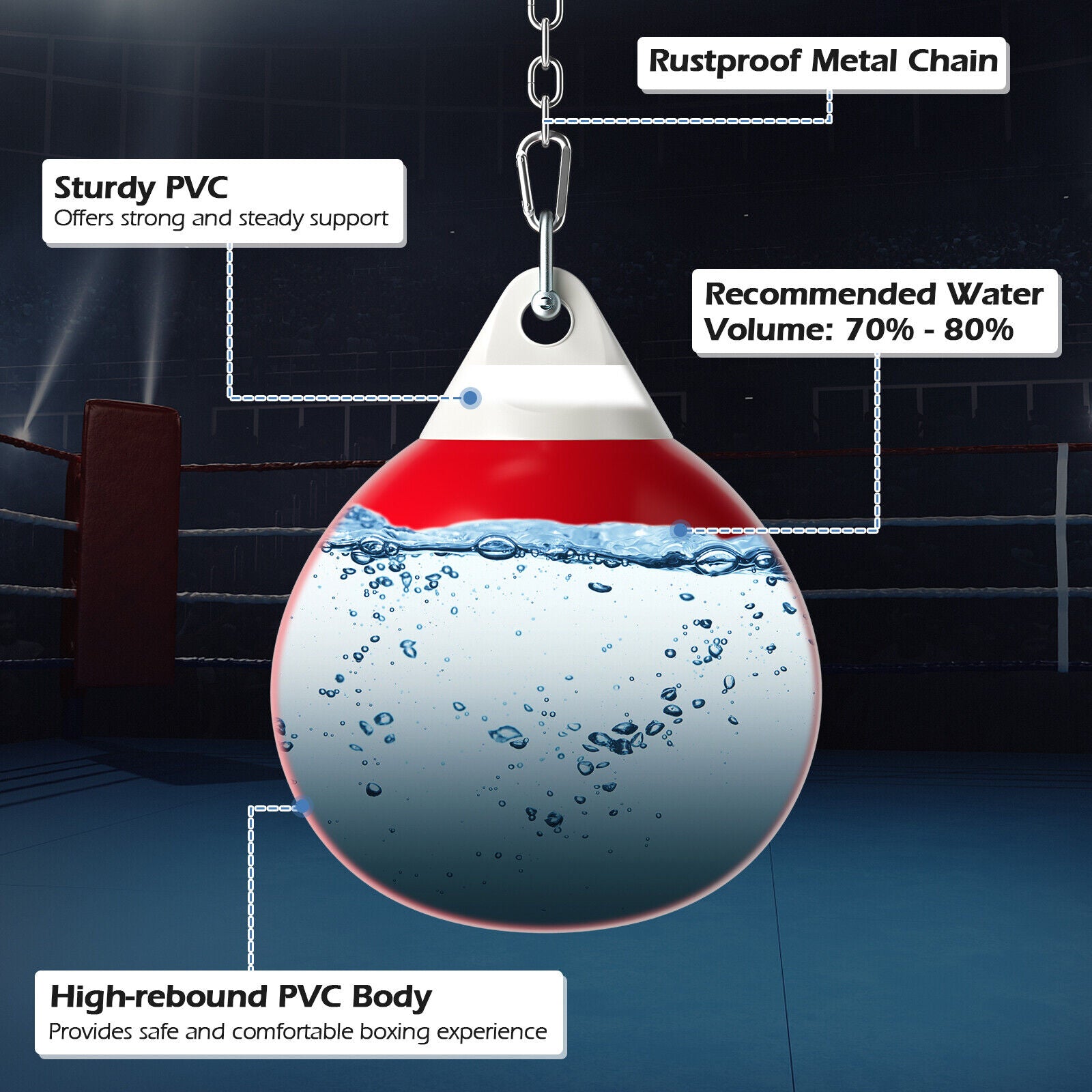 18 英寸 110 磅重冲水水包带可调节金属链 - 红色 18 Inch 110 Pound Heavy Punching Water Aqua Bag with Adjustable Metal Chain-Red