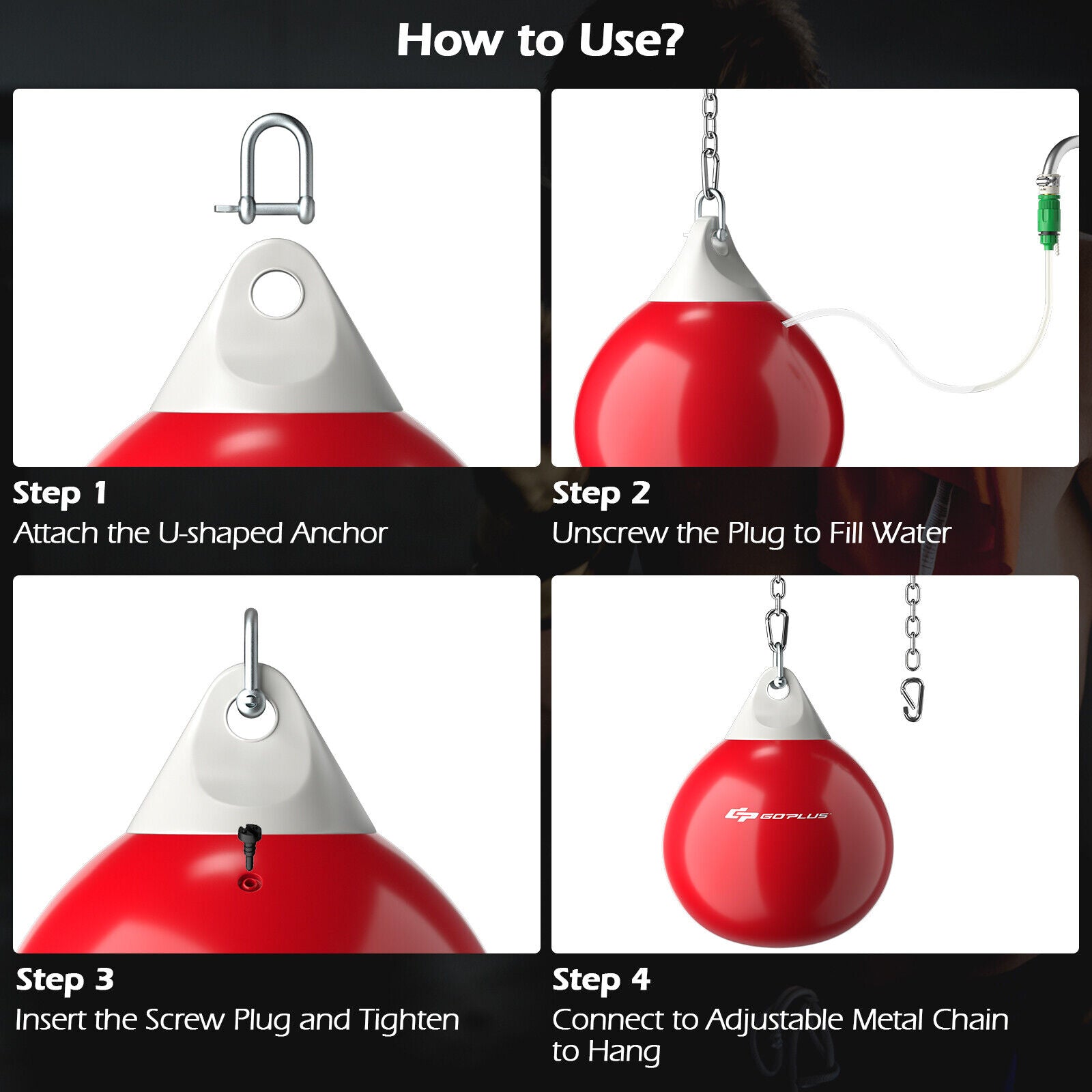 18 英寸 110 磅重冲水水包带可调节金属链 - 红色 18 Inch 110 Pound Heavy Punching Water Aqua Bag with Adjustable Metal Chain-Red