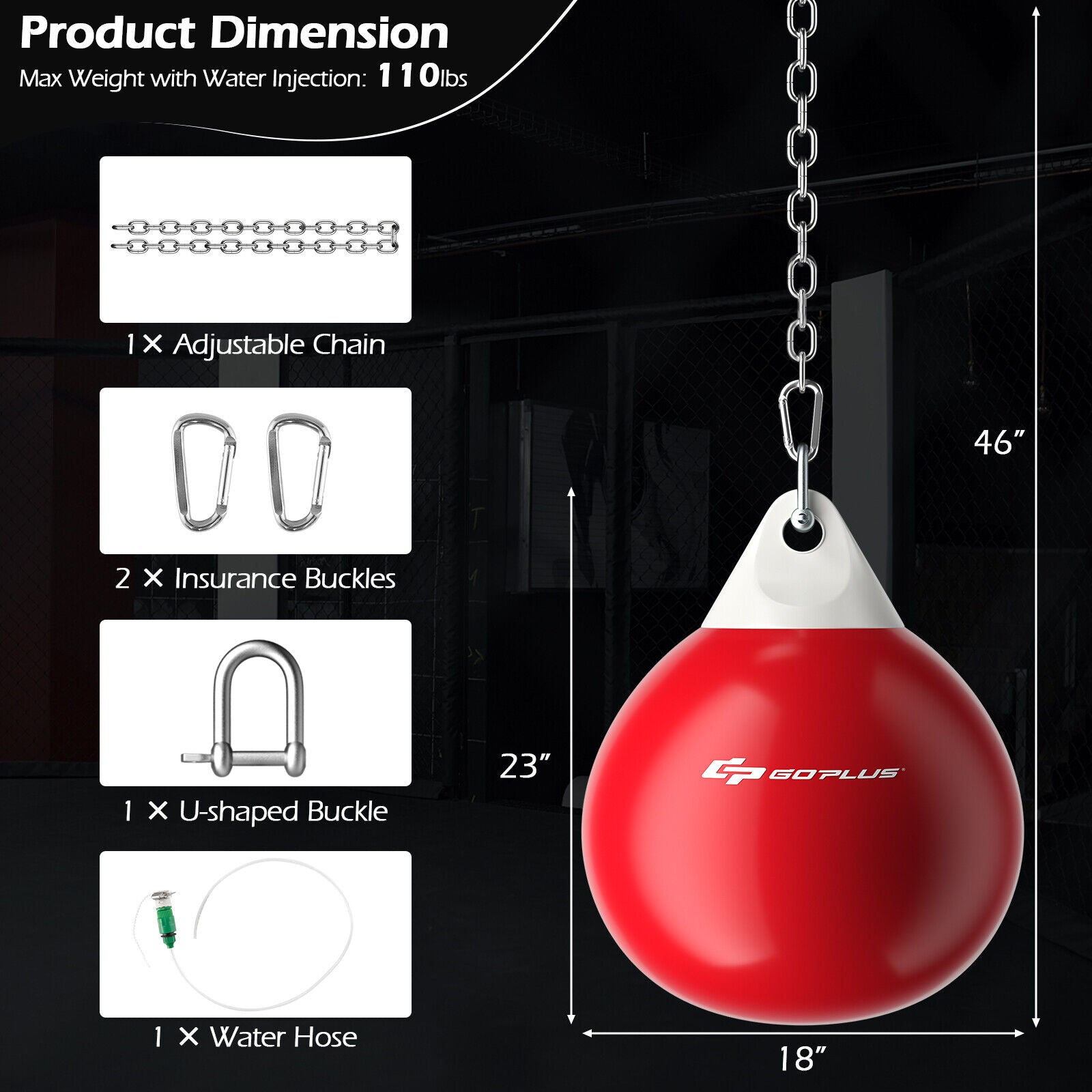 18 英寸 110 磅重冲水水包带可调节金属链 - 红色 18 Inch 110 Pound Heavy Punching Water Aqua Bag with Adjustable Metal Chain-Red