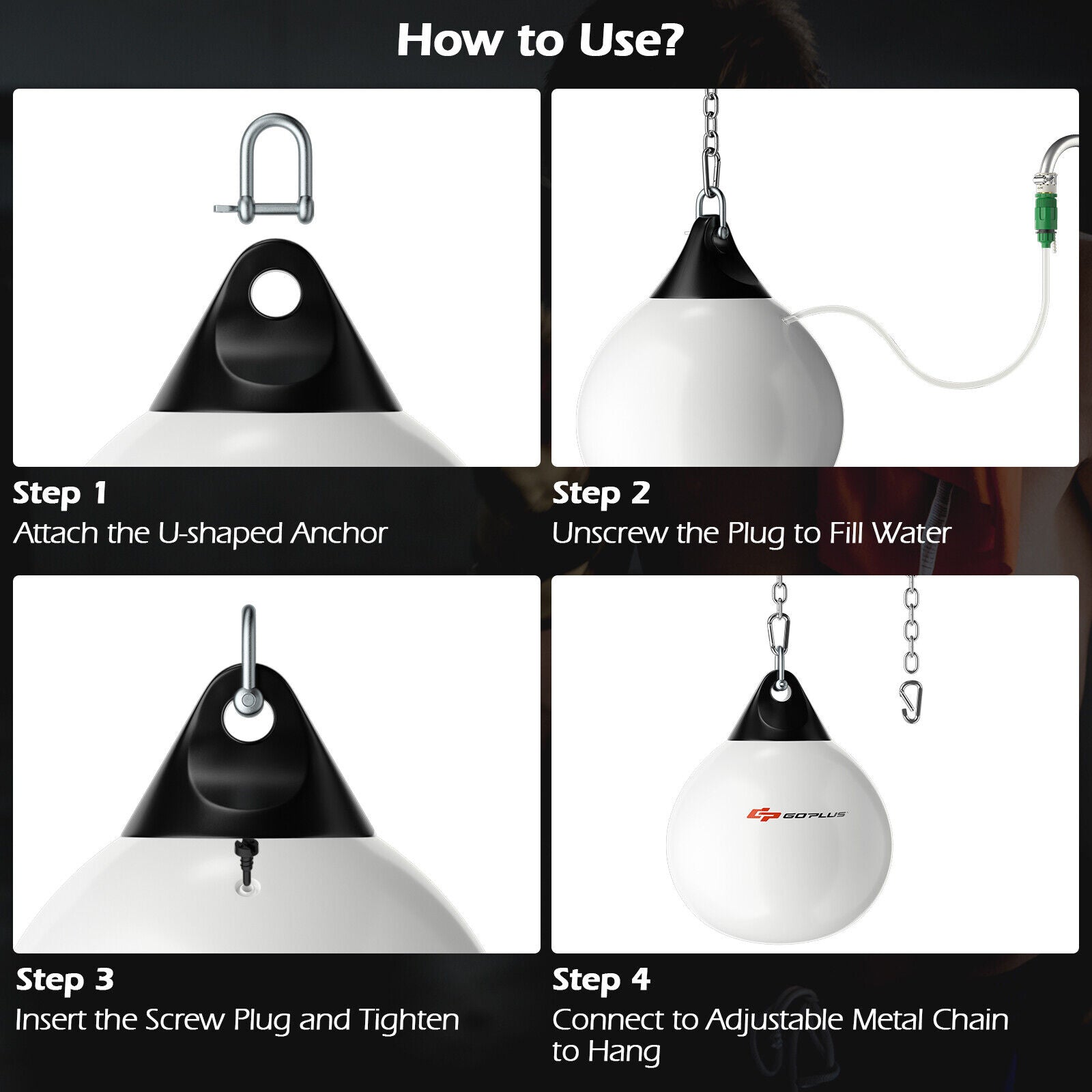 18 英寸 110 磅重冲水水包带可调节金属链 - 白色 18 Inch 110 Pound Heavy Punching Water Aqua Bag with Adjustable Metal Chain-White