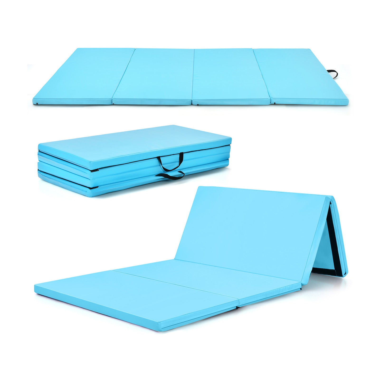 4 片式家庭健身房折叠体操垫带提手 - 蓝色 4-Panel Folding Gymnastics Mat with Carrying Handles for Home Gym-Blue