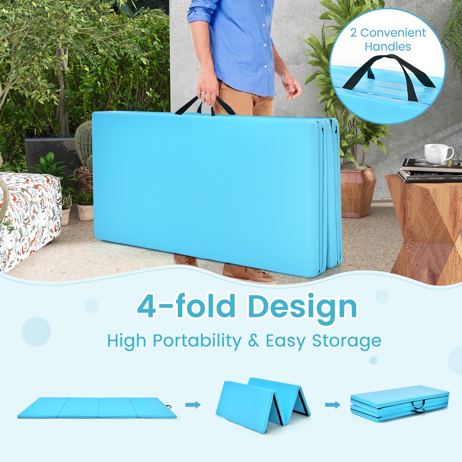 4 片式家庭健身房折叠体操垫带提手 - 蓝色 4-Panel Folding Gymnastics Mat with Carrying Handles for Home Gym-Blue
