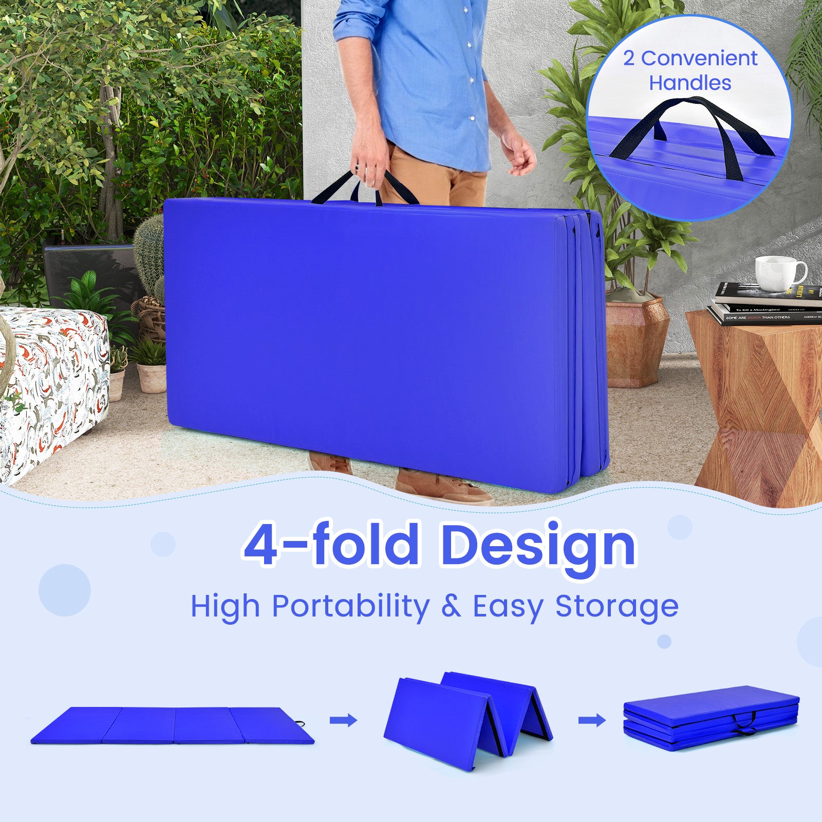 4 片式家庭健身房折叠体操垫带提手 - 海军蓝 4-Panel Folding Gymnastics Mat with Carrying Handles for Home Gym-Navy