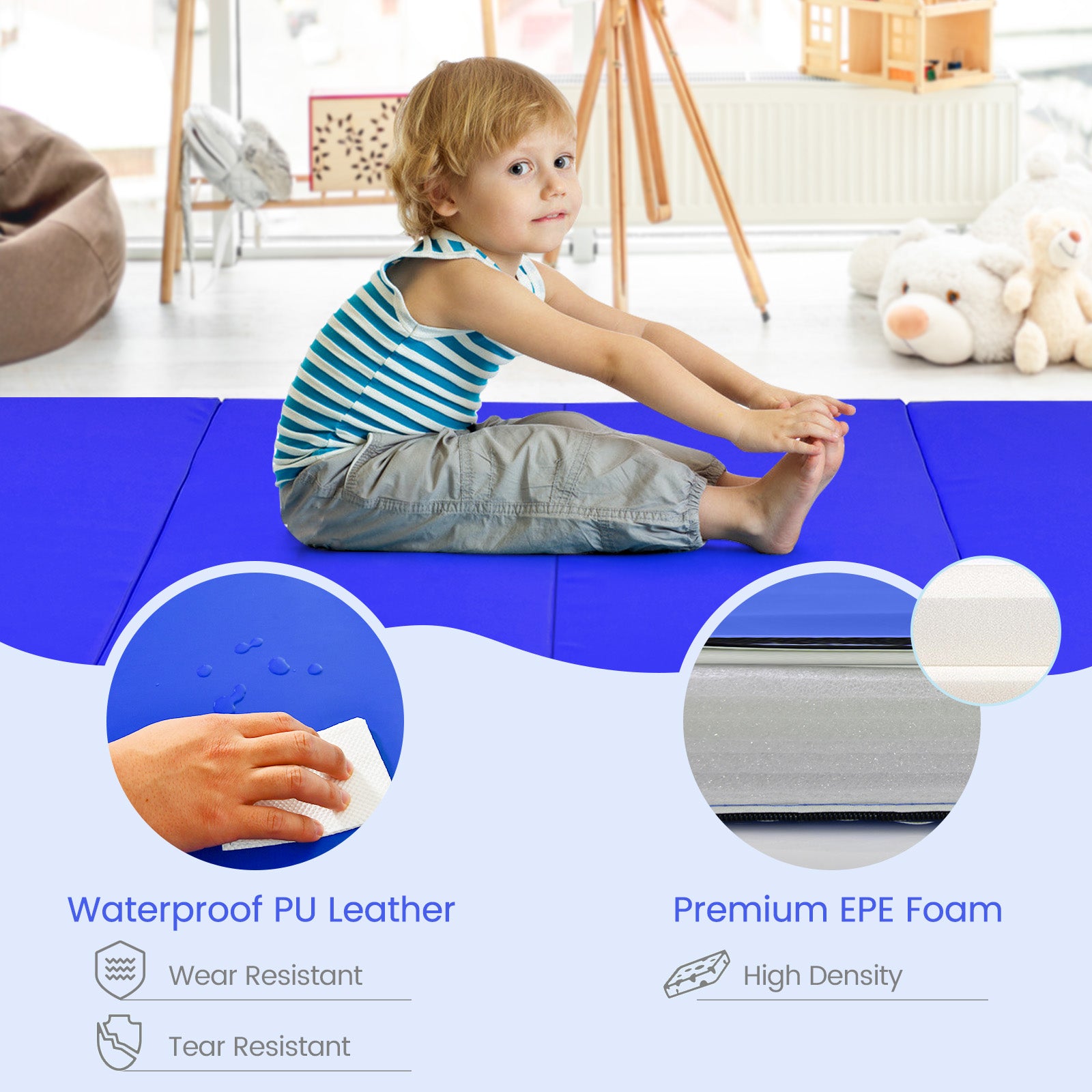 4 片式家庭健身房折叠体操垫带提手 - 海军蓝 4-Panel Folding Gymnastics Mat with Carrying Handles for Home Gym-Navy