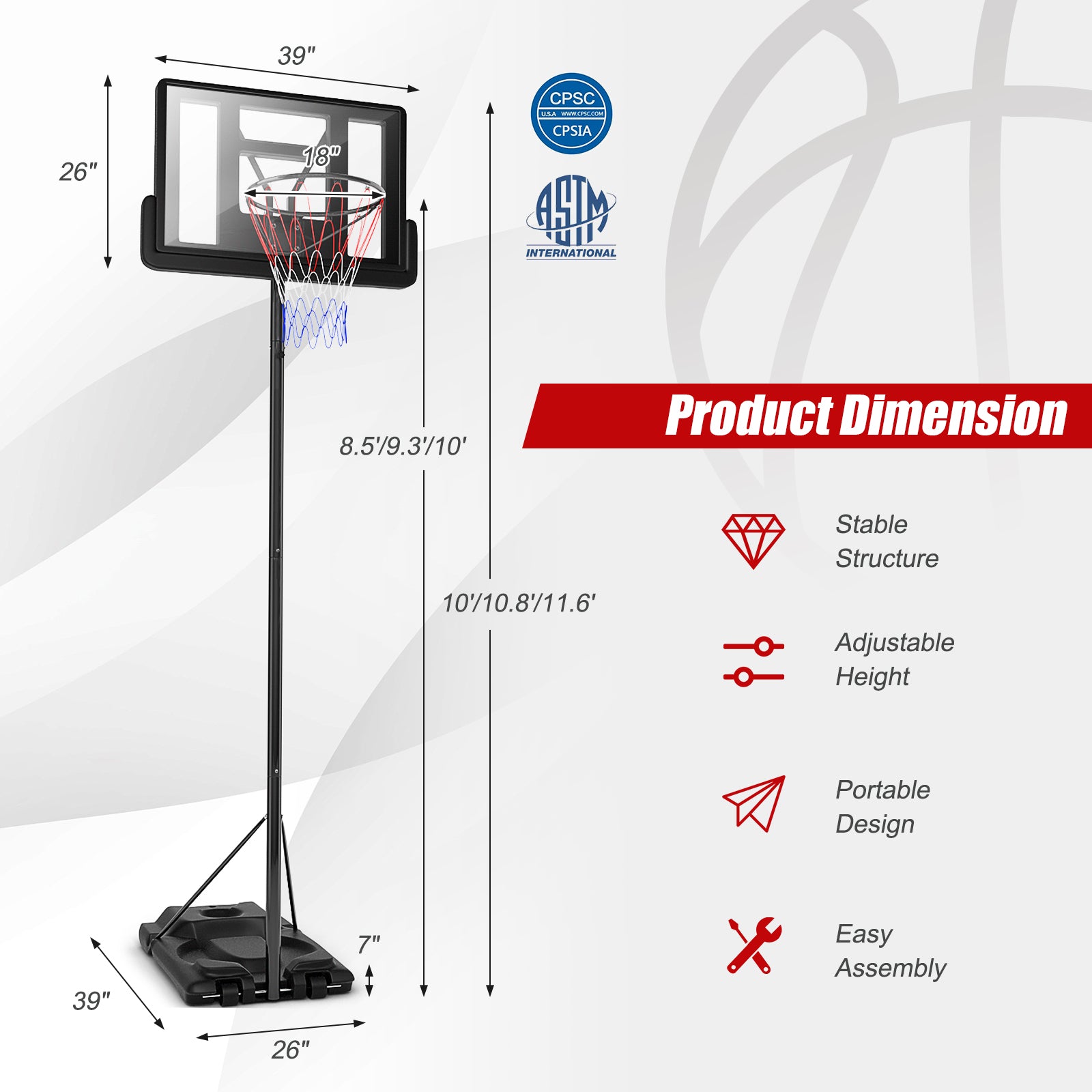 高度可调节便携式防碎篮板篮球框带 2 个网 Height Adjustable Portable Shatterproof Backboard Basketball Hoop with 2 Nets