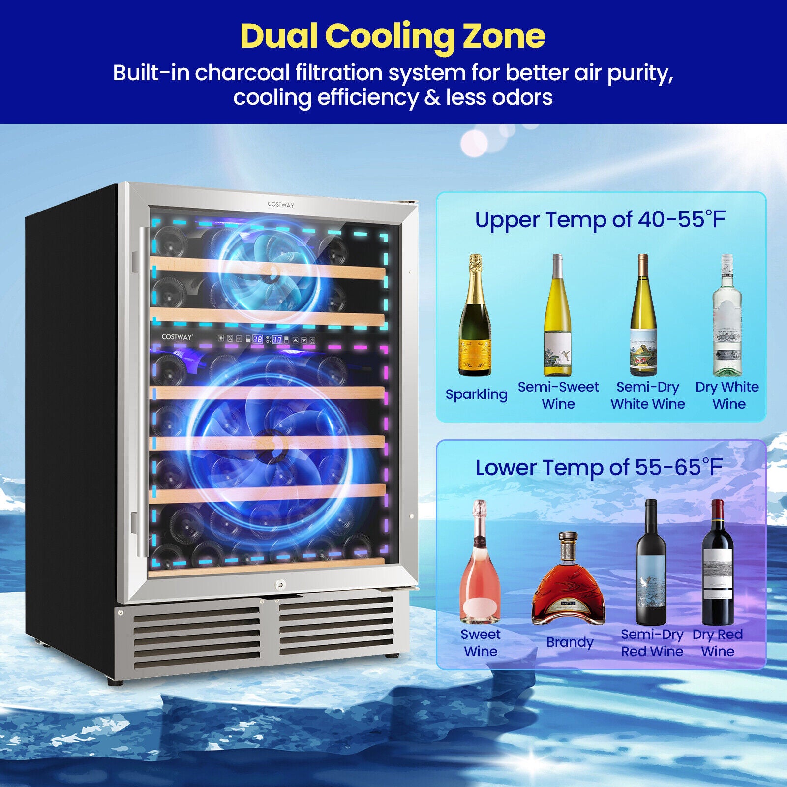 双区酒柜，可容纳 51 瓶酒，带可逆门 - 银色 Dual Zone Wine Cooler for 51 Bottles with Reversible Door-Silver