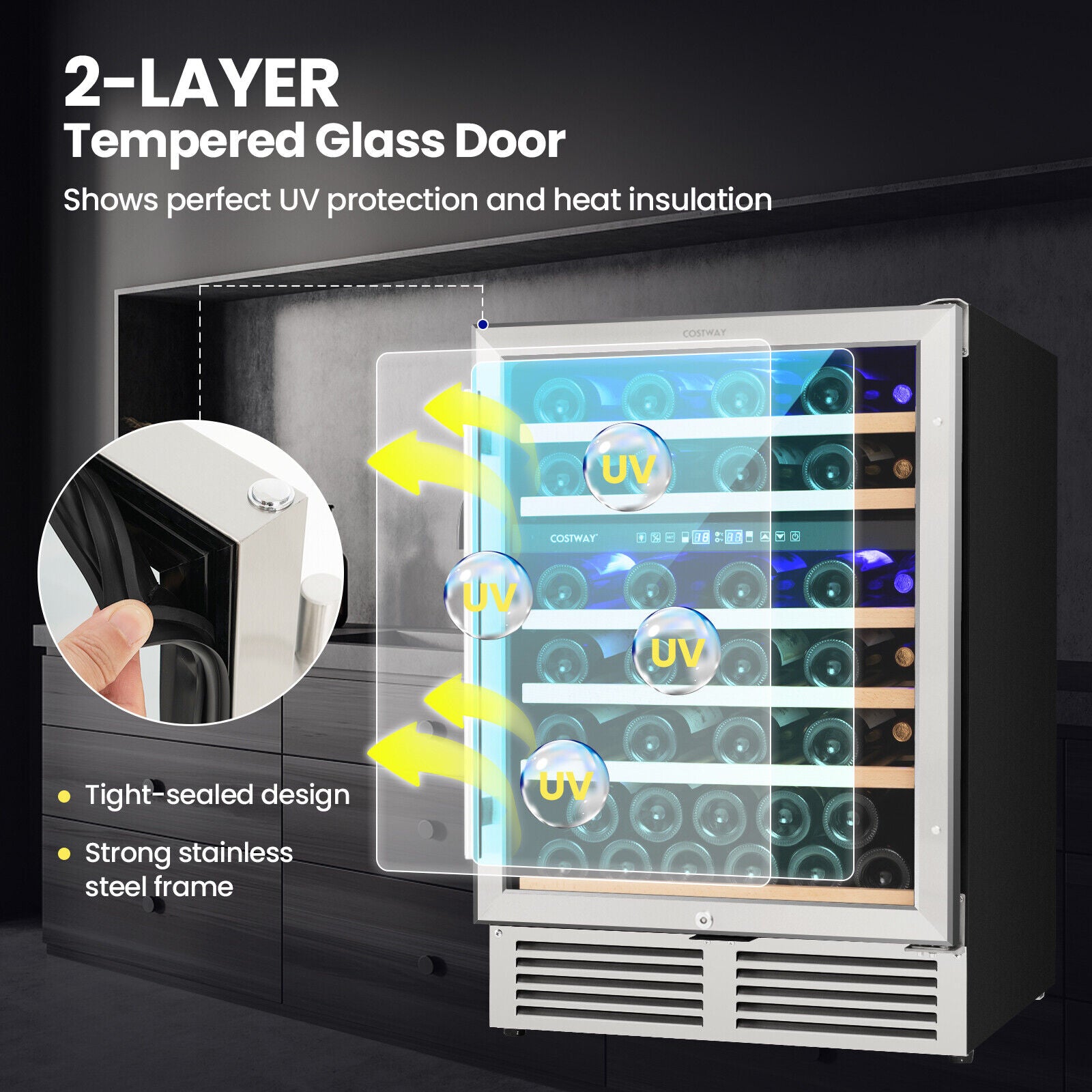 双区酒柜，可容纳 51 瓶酒，带可逆门 - 银色 Dual Zone Wine Cooler for 51 Bottles with Reversible Door-Silver