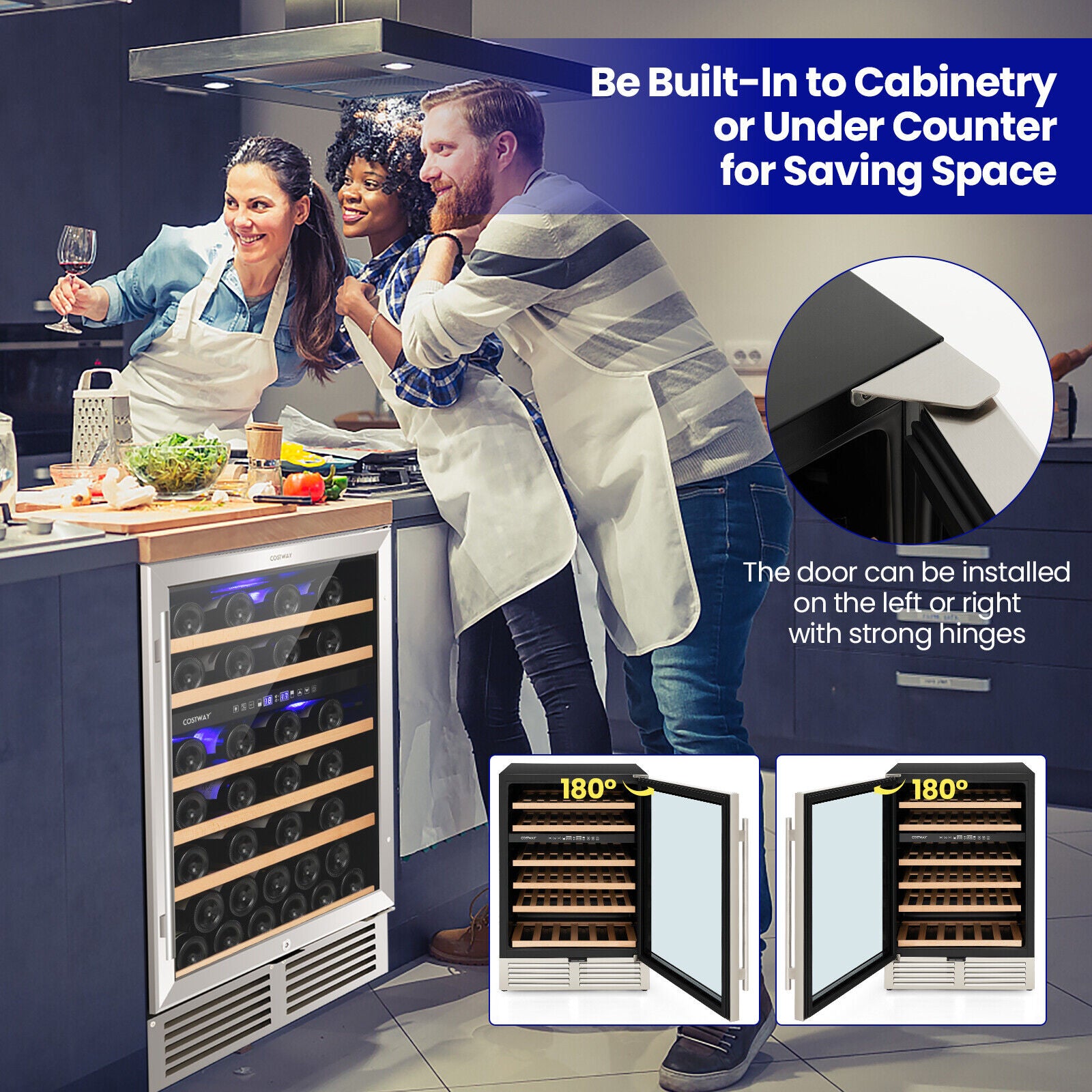 双区酒柜，可容纳 51 瓶酒，带可逆门 - 银色 Dual Zone Wine Cooler for 51 Bottles with Reversible Door-Silver