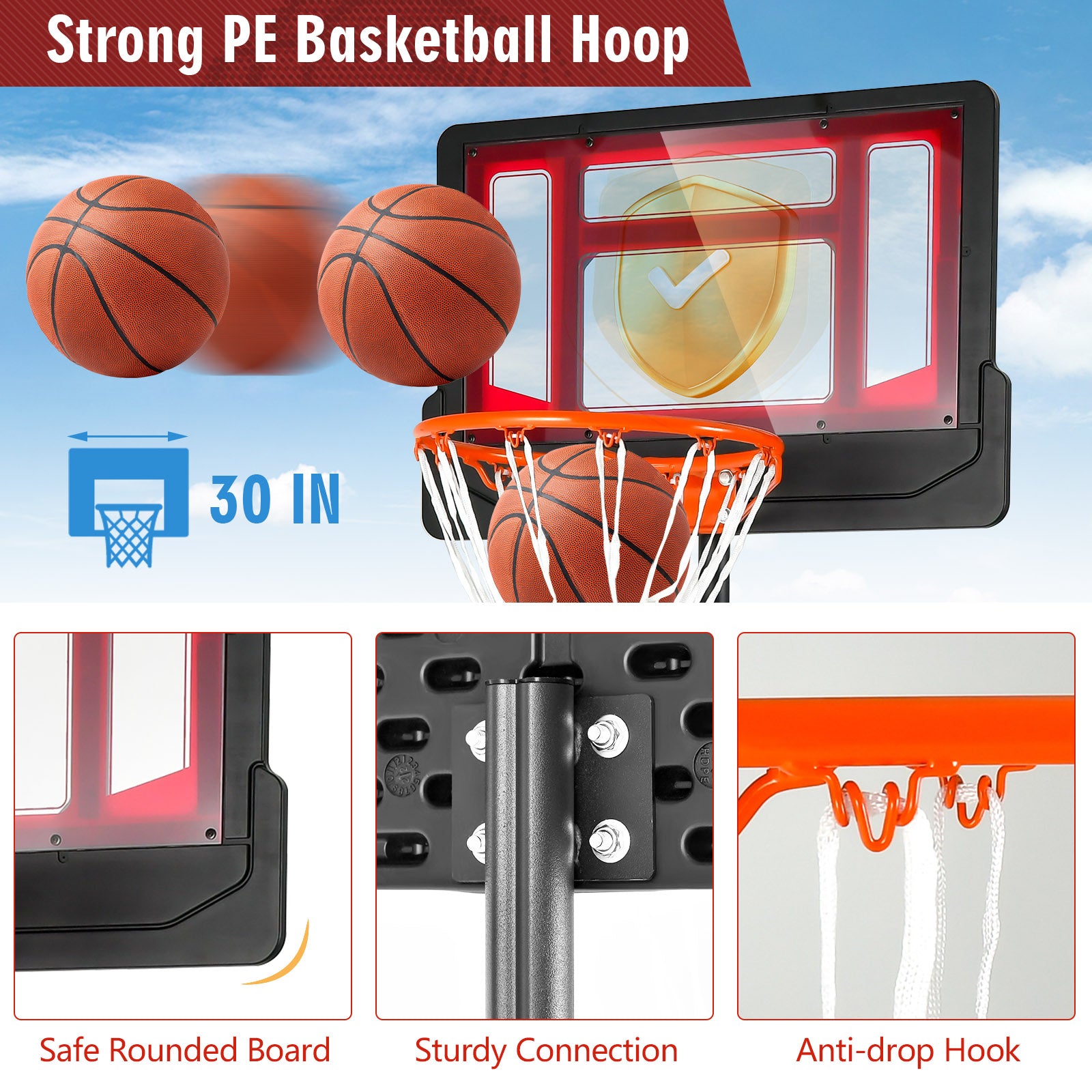 4.3-8.2 FT 可调高度带轮便携式篮球架-红色 4.3-8.2 FT Portable Basketball Hoop with Adjustable Height and Wheels-Red