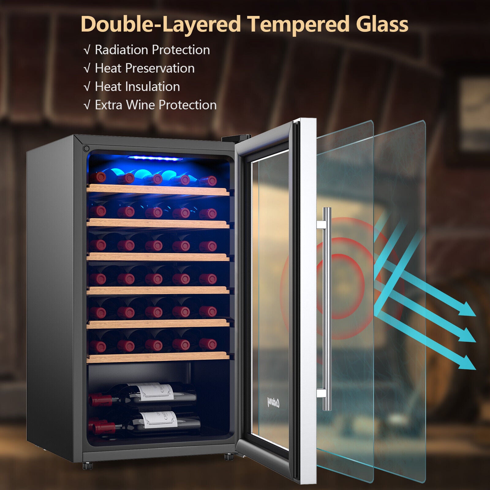 20寸酒柜33瓶钢化玻璃门-银色 20 Inch Wine Refrigerator for 33 Bottles and Tempered Glass Door-Silver