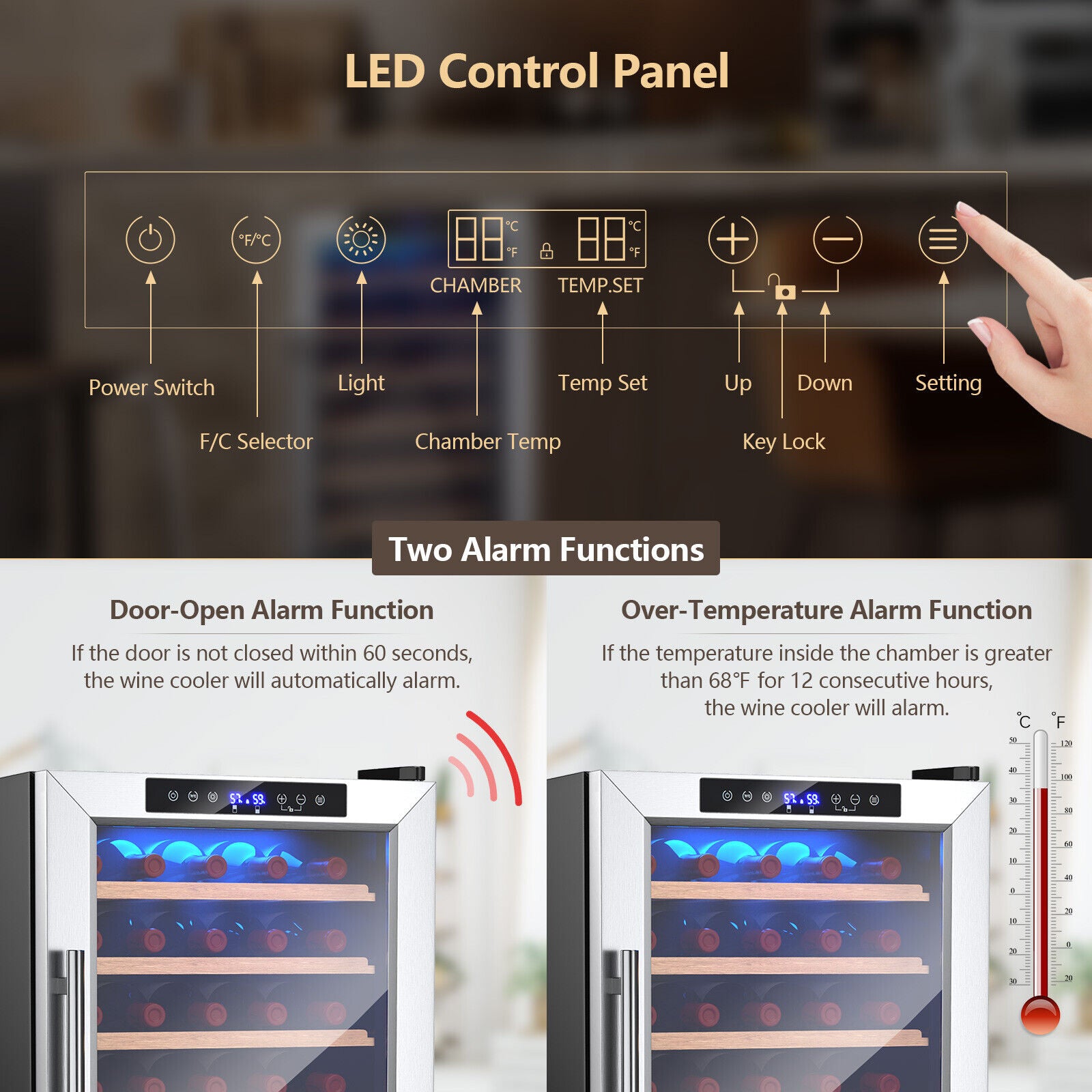 20寸酒柜33瓶钢化玻璃门-银色 20 Inch Wine Refrigerator for 33 Bottles and Tempered Glass Door-Silver