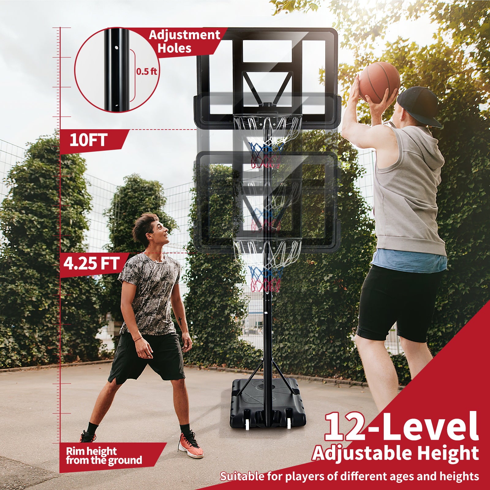 带防碎篮板轮的可调节便携式篮球架 Adjustable Portable Basketball Hoop Stand with Shatterproof Backboard Wheels