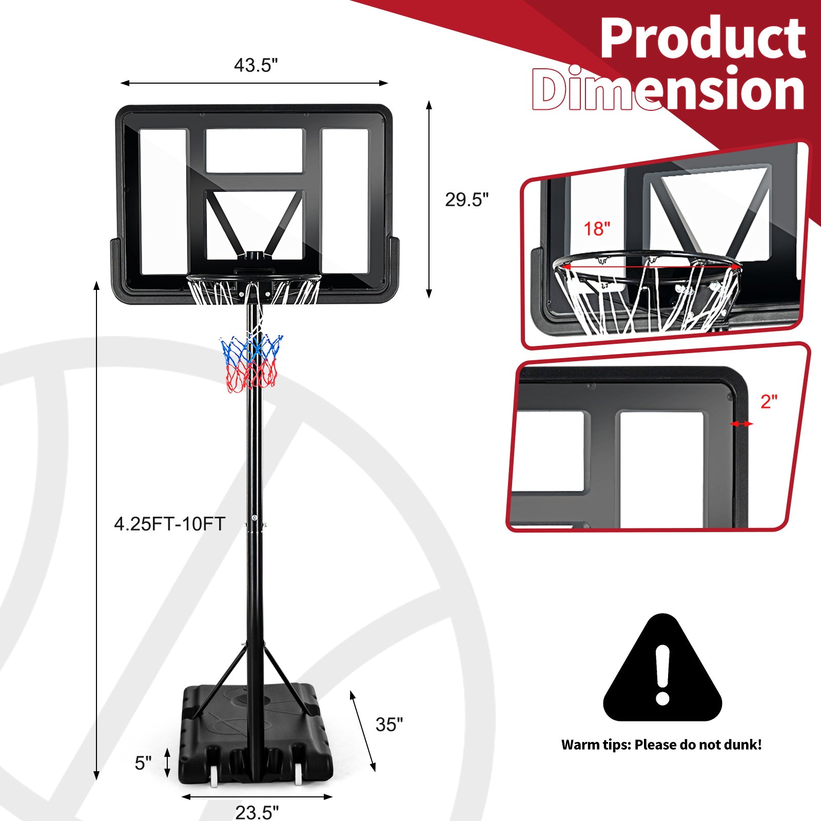 带防碎篮板轮的可调节便携式篮球架 Adjustable Portable Basketball Hoop Stand with Shatterproof Backboard Wheels