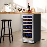 30 瓶独立式酒柜，带温度记忆和双区 - 银色 30-Bottle Freestanding Wine Cooler with Temp Memory and Dual Zones -Silver