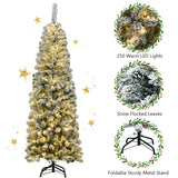 6 英尺预亮雪绒人造铅笔圣诞树，带 250 个 LED 灯 6 Feet Pre-lit Snow Flocked Artificial Pencil Christmas Tree with 250 LED Lights