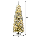 6 英尺预亮雪绒人造铅笔圣诞树，带 250 个 LED 灯 6 Feet Pre-lit Snow Flocked Artificial Pencil Christmas Tree with 250 LED Lights