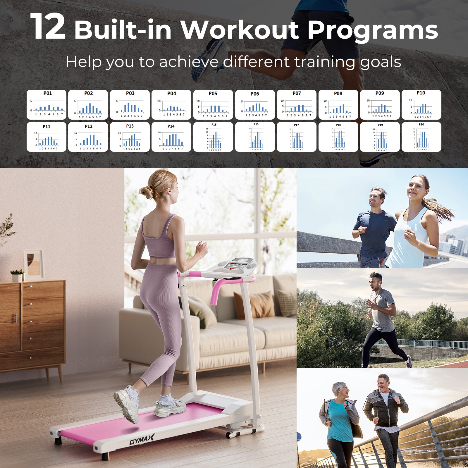 带 12 个预设程序和 LCD 显示屏的折叠跑步机-白色 Folding Treadmill with 12 Preset Programs and LCD Display-White