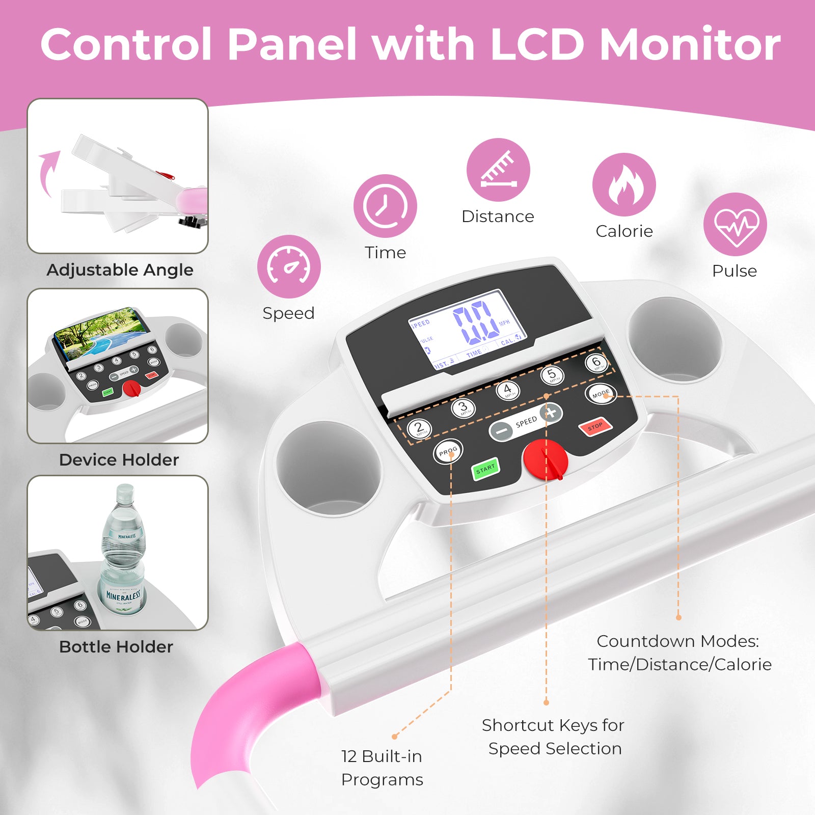 带 12 个预设程序和 LCD 显示屏的折叠跑步机-白色 Folding Treadmill with 12 Preset Programs and LCD Display-White