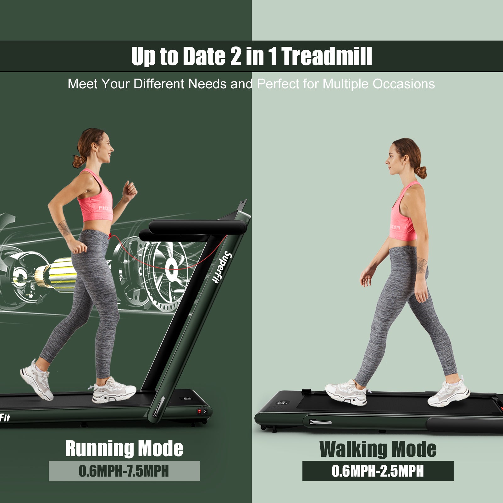 2.25HP 二合一折叠跑步机 带APP音箱遥控-绿色 2.25HP 2 in 1 Folding Treadmill with APP Speaker Remote Control-Green