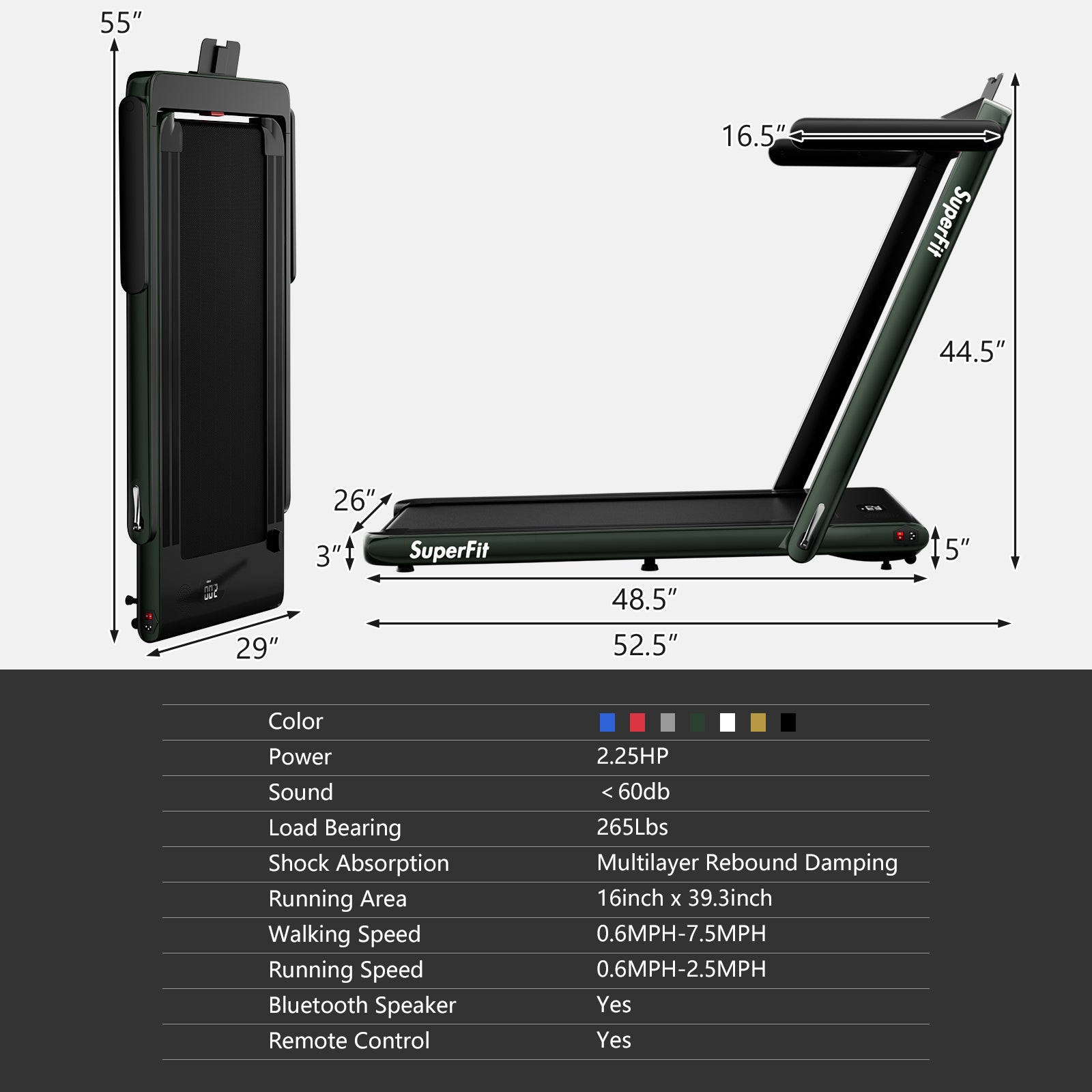 2.25HP 二合一折叠跑步机 带APP音箱遥控-绿色 2.25HP 2 in 1 Folding Treadmill with APP Speaker Remote Control-Green