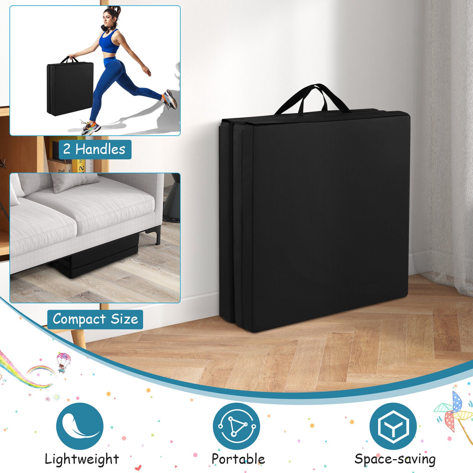 6 x 2 英尺三折健身垫，带手柄和可拆卸拉链套 - 黑色 6 x 2 FT Tri-Fold Gym Mat with Handles and Removable Zippered Cover-Black
