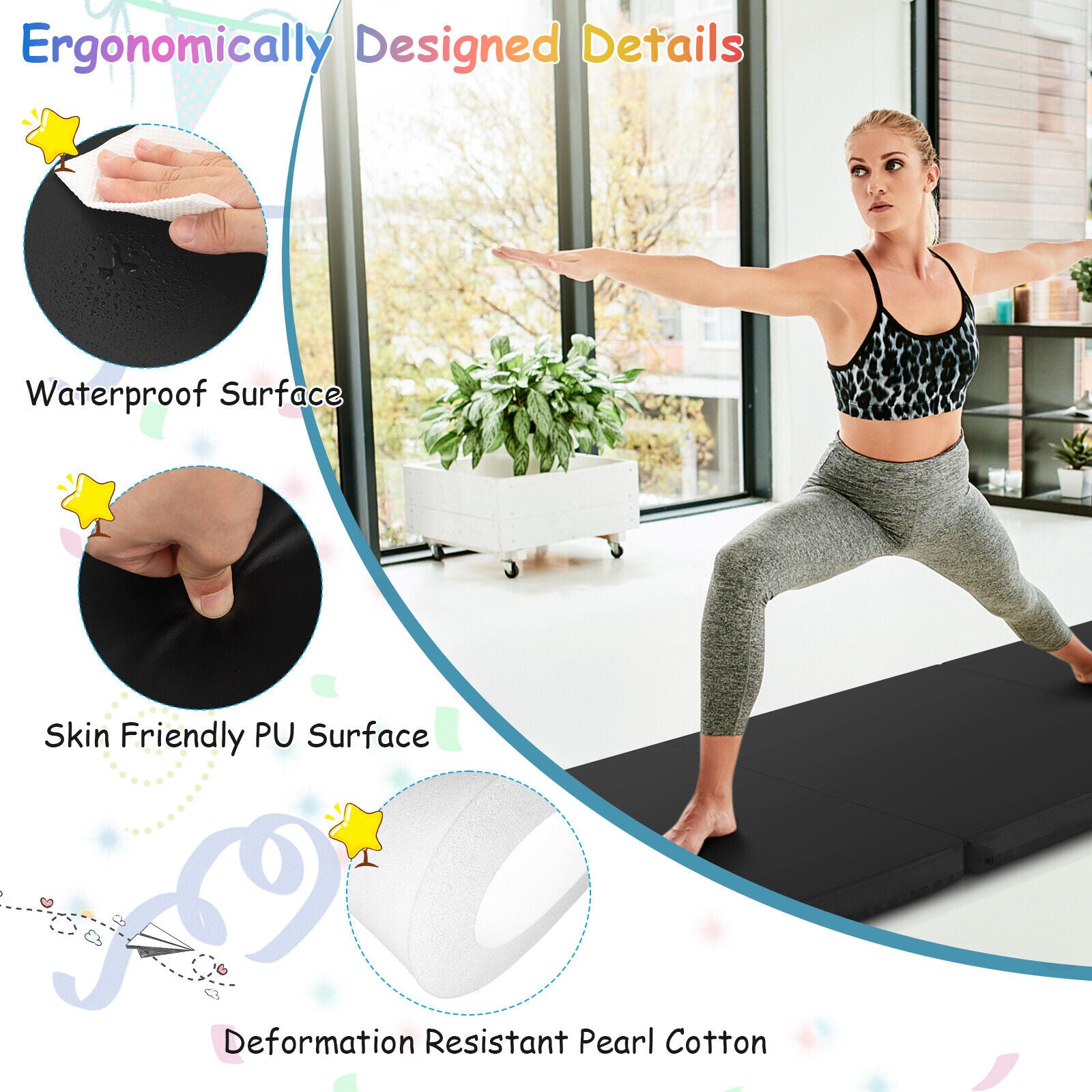 6 x 2 英尺三折健身垫，带手柄和可拆卸拉链套 - 黑色 6 x 2 FT Tri-Fold Gym Mat with Handles and Removable Zippered Cover-Black