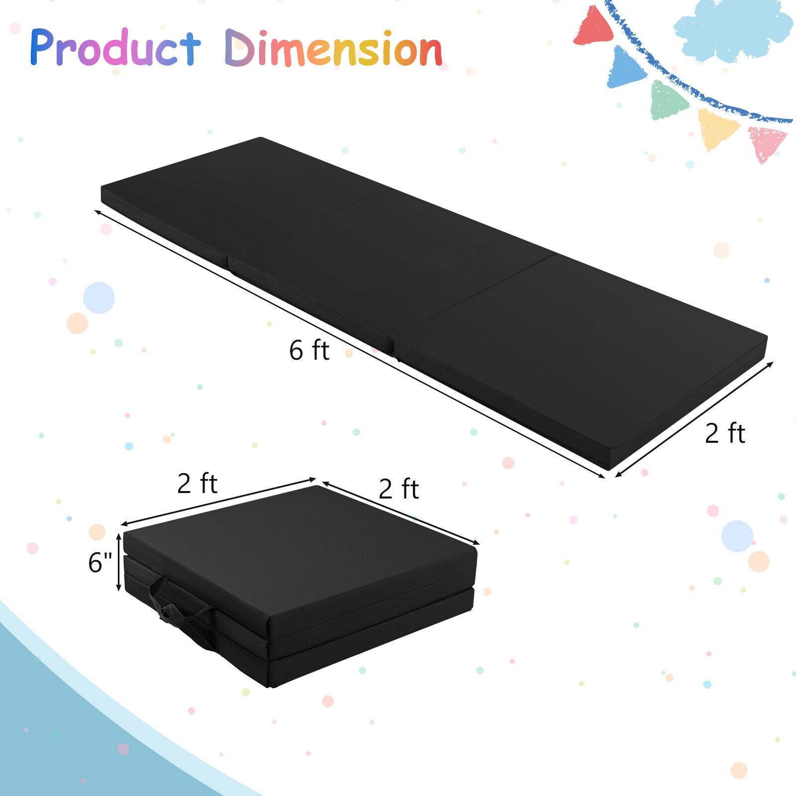 6 x 2 英尺三折健身垫，带手柄和可拆卸拉链套 - 黑色 6 x 2 FT Tri-Fold Gym Mat with Handles and Removable Zippered Cover-Black