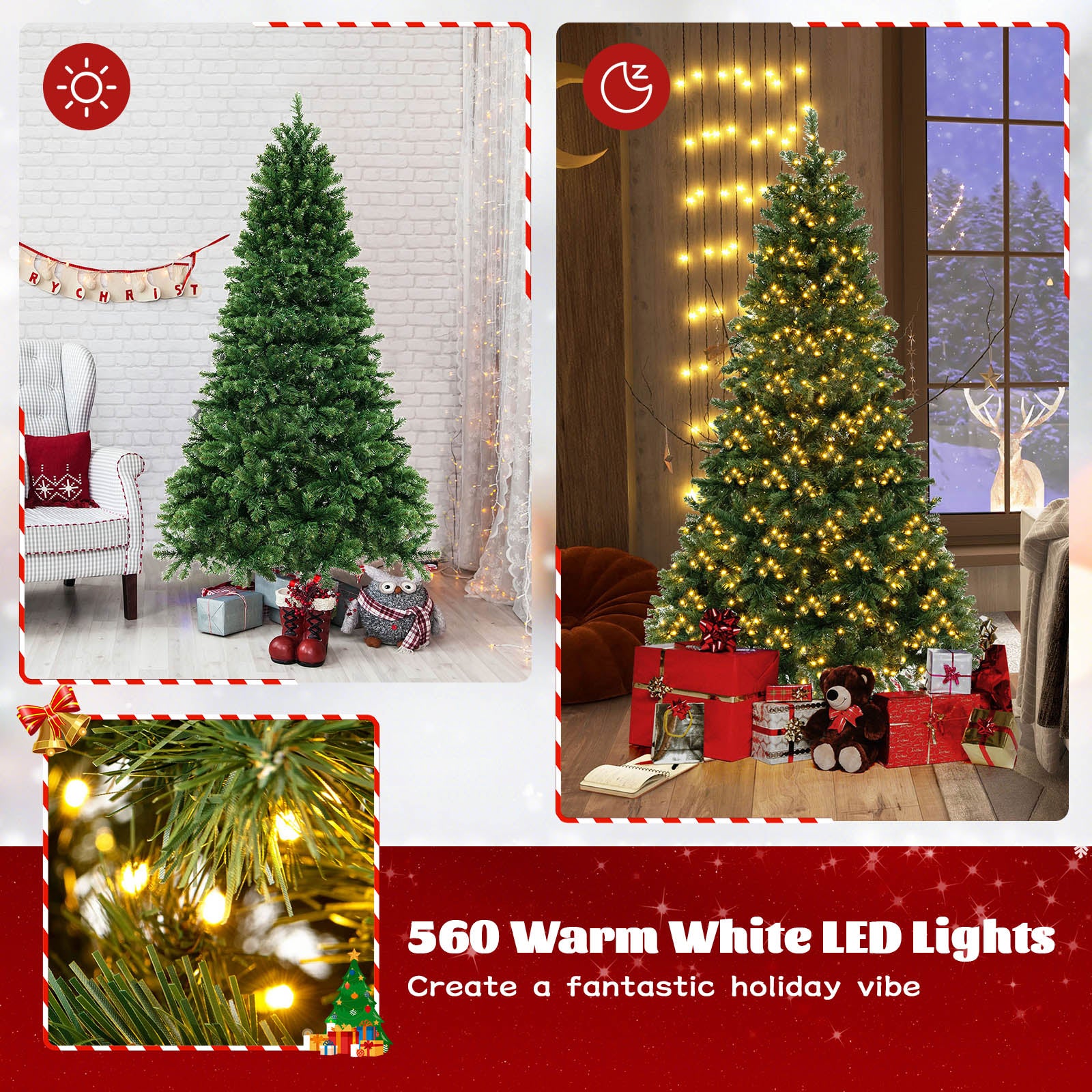 6/7/8 英尺铰接式圣诞树，带 PVC 树枝尖端暖白色 LED 灯 - 8 英尺 6/7/8 Feet Hinged Christmas Tree with PVC Branch Tips Warm White LED Lights-8 ft