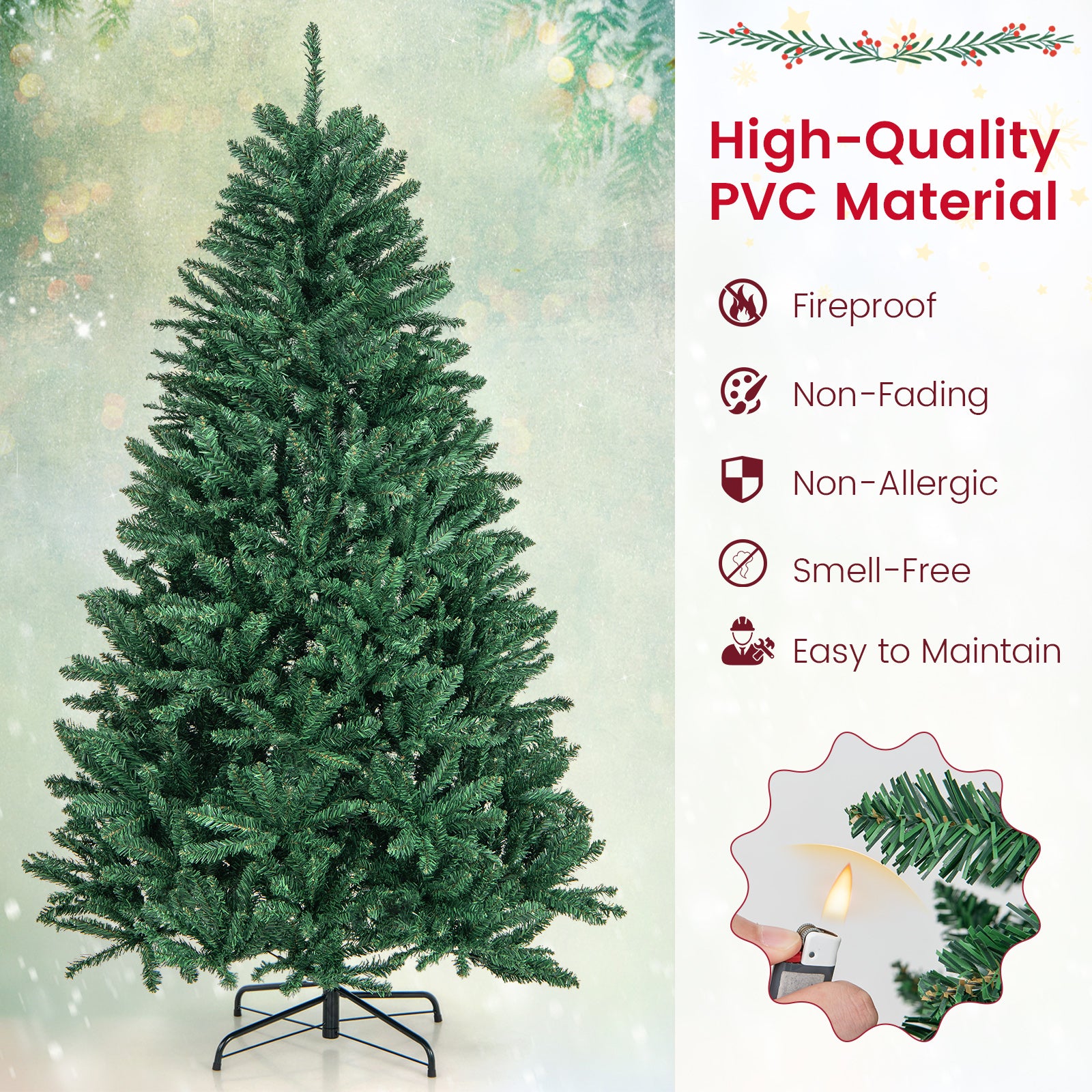 6 英尺铰链式人造圣诞树，带实心金属支架 6 Feet Hinged Artificial Christmas Tree with Solid Metal Stand