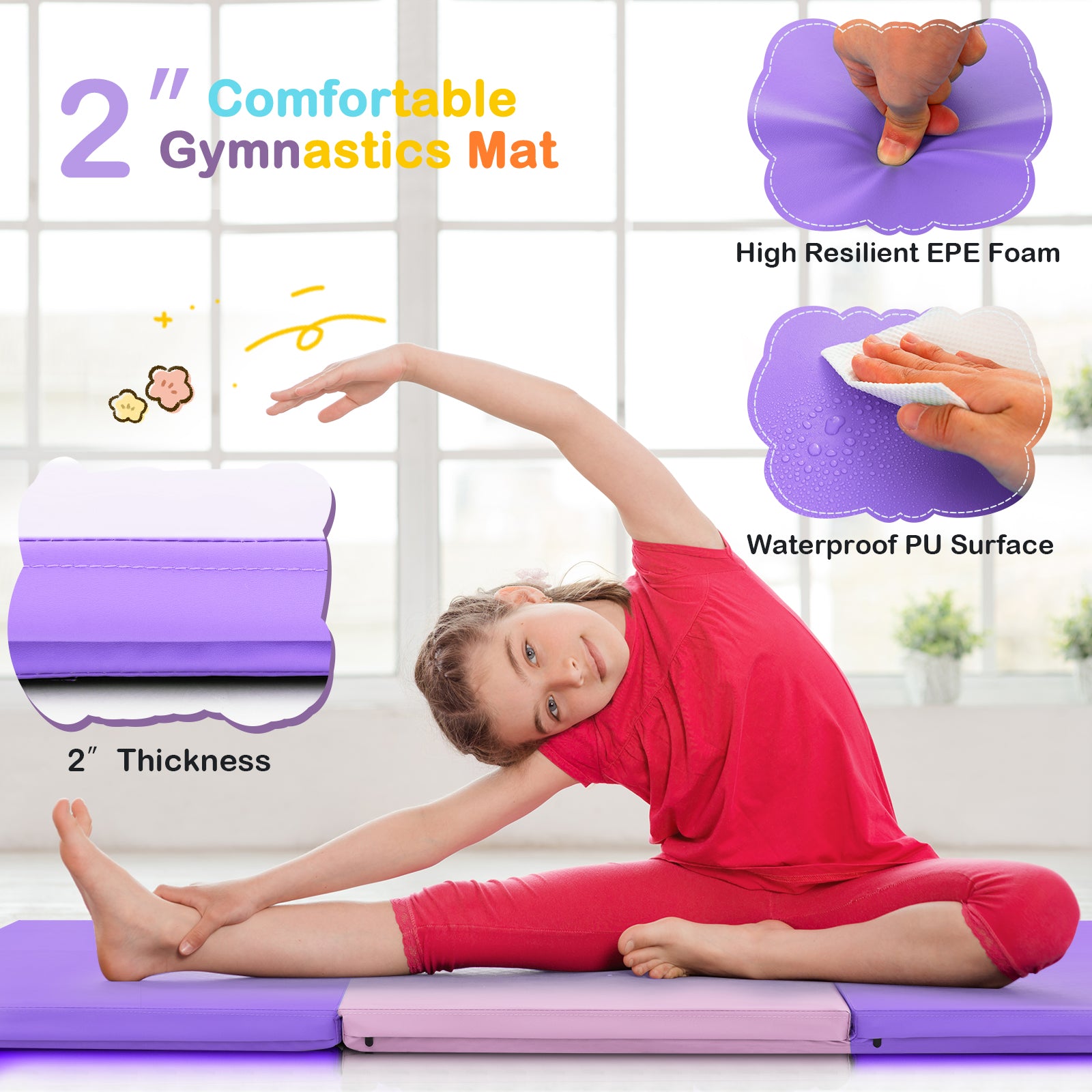 6 x 2 英尺三折健身垫，带手柄和可拆卸拉链罩 - 粉色和紫色 6 x 2 FT Tri-Fold Gym Mat with Handles and Removable Zippered Cover-Pink & Purple