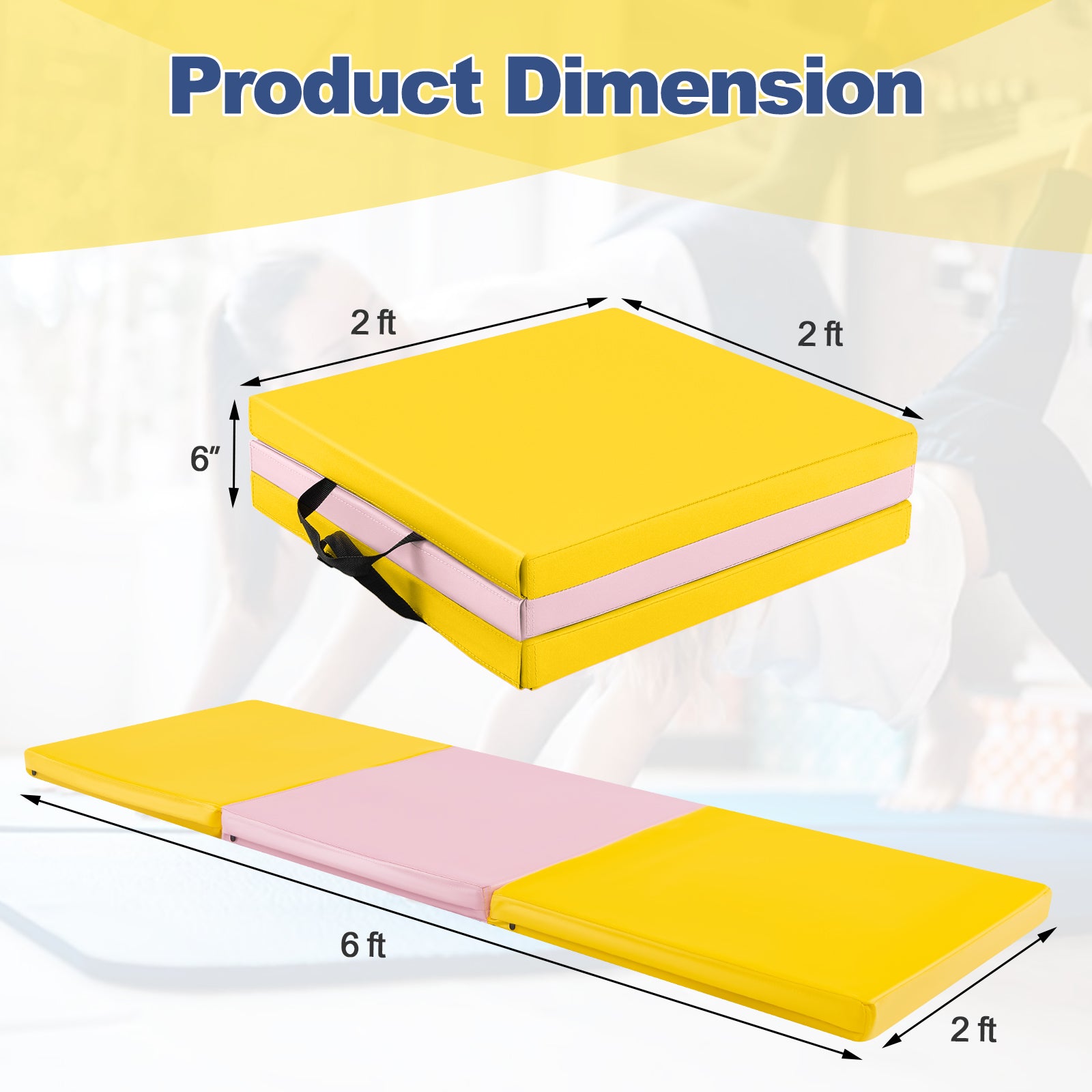 6 x 2 英尺 三折健身垫，带手柄和可拆卸拉链罩 - 黄色 6 x 2 FT Tri-Fold Gym Mat with Handles and Removable Zippered Cover-Yellow