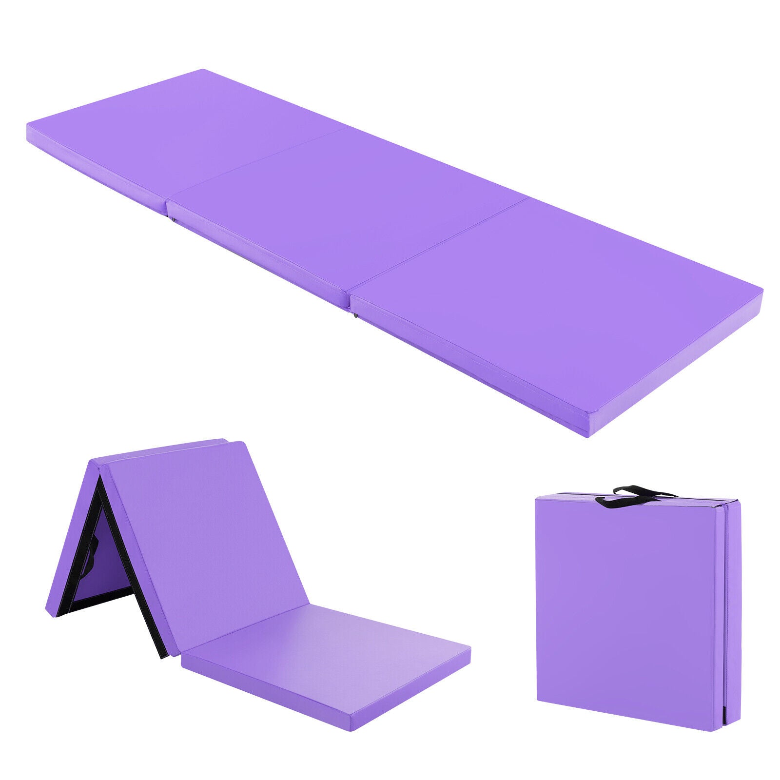 6 x 2 英尺三折健身垫，带手柄和可拆卸拉链罩 - 紫色 6 x 2 FT Tri-Fold Gym Mat with Handles and Removable Zippered Cover-Purple