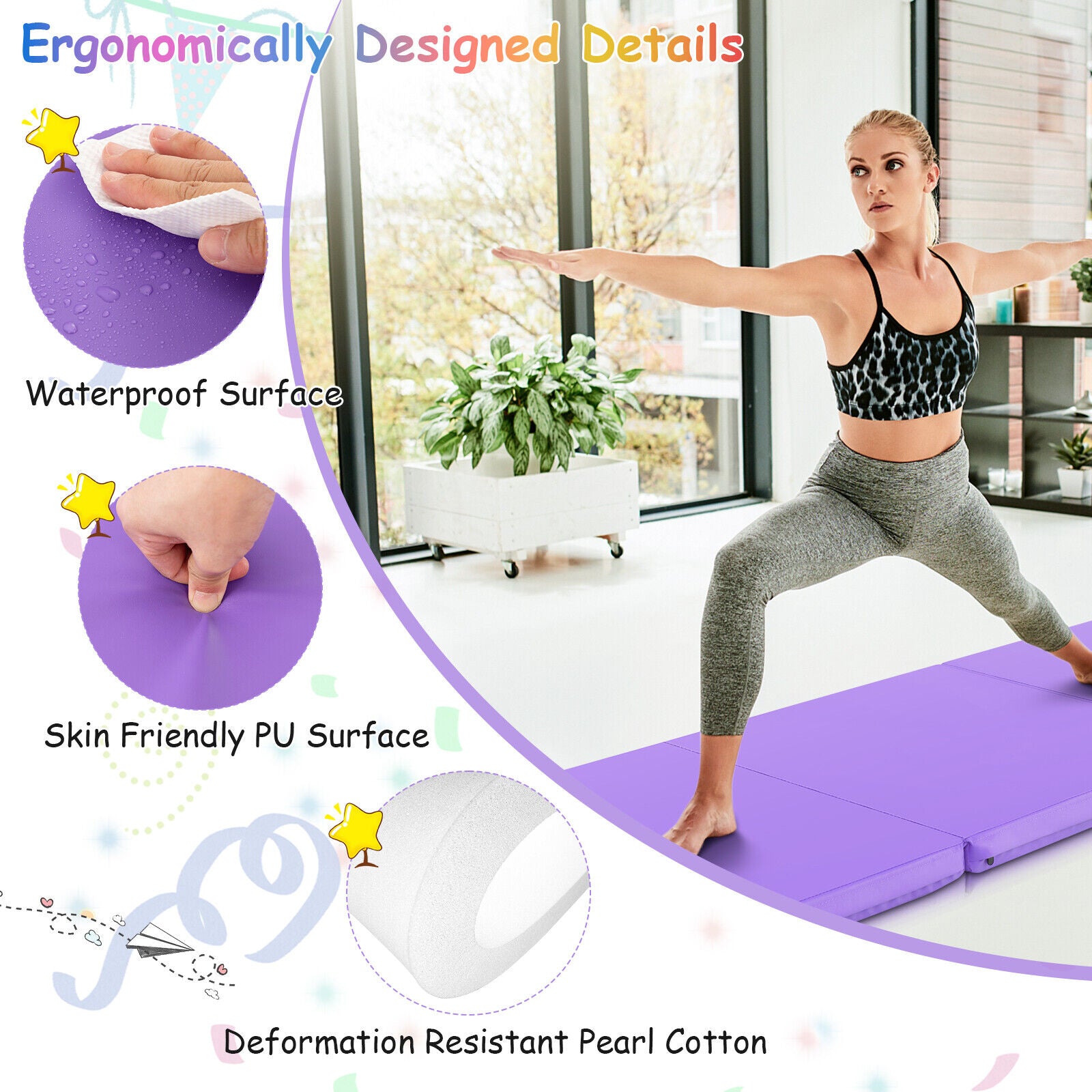 6 x 2 英尺三折健身垫，带手柄和可拆卸拉链罩 - 紫色 6 x 2 FT Tri-Fold Gym Mat with Handles and Removable Zippered Cover-Purple