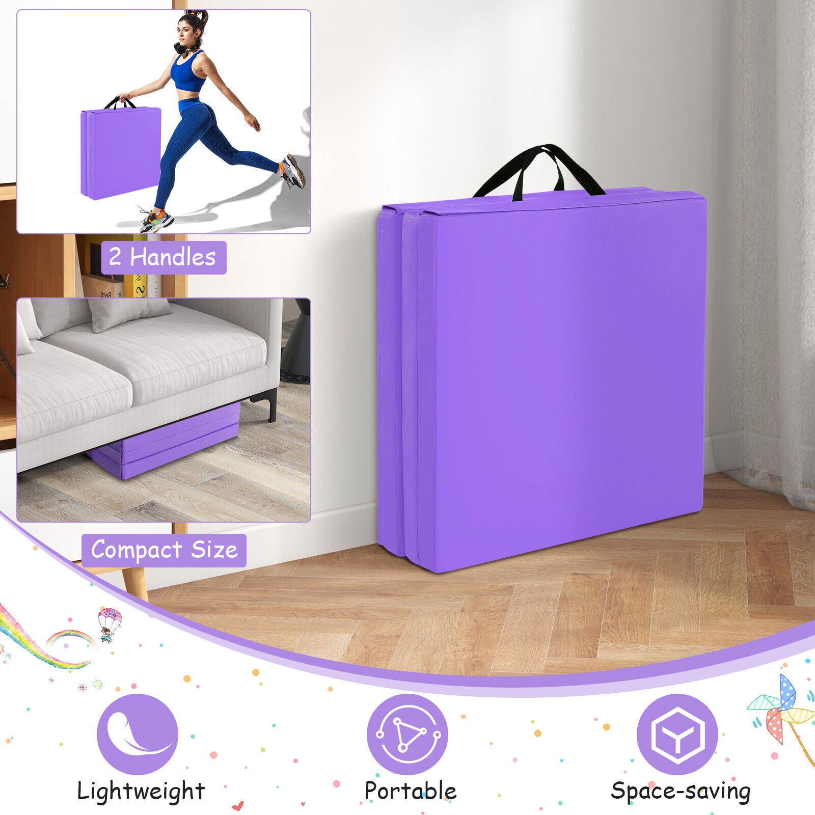 6 x 2 英尺三折健身垫，带手柄和可拆卸拉链罩 - 紫色 6 x 2 FT Tri-Fold Gym Mat with Handles and Removable Zippered Cover-Purple