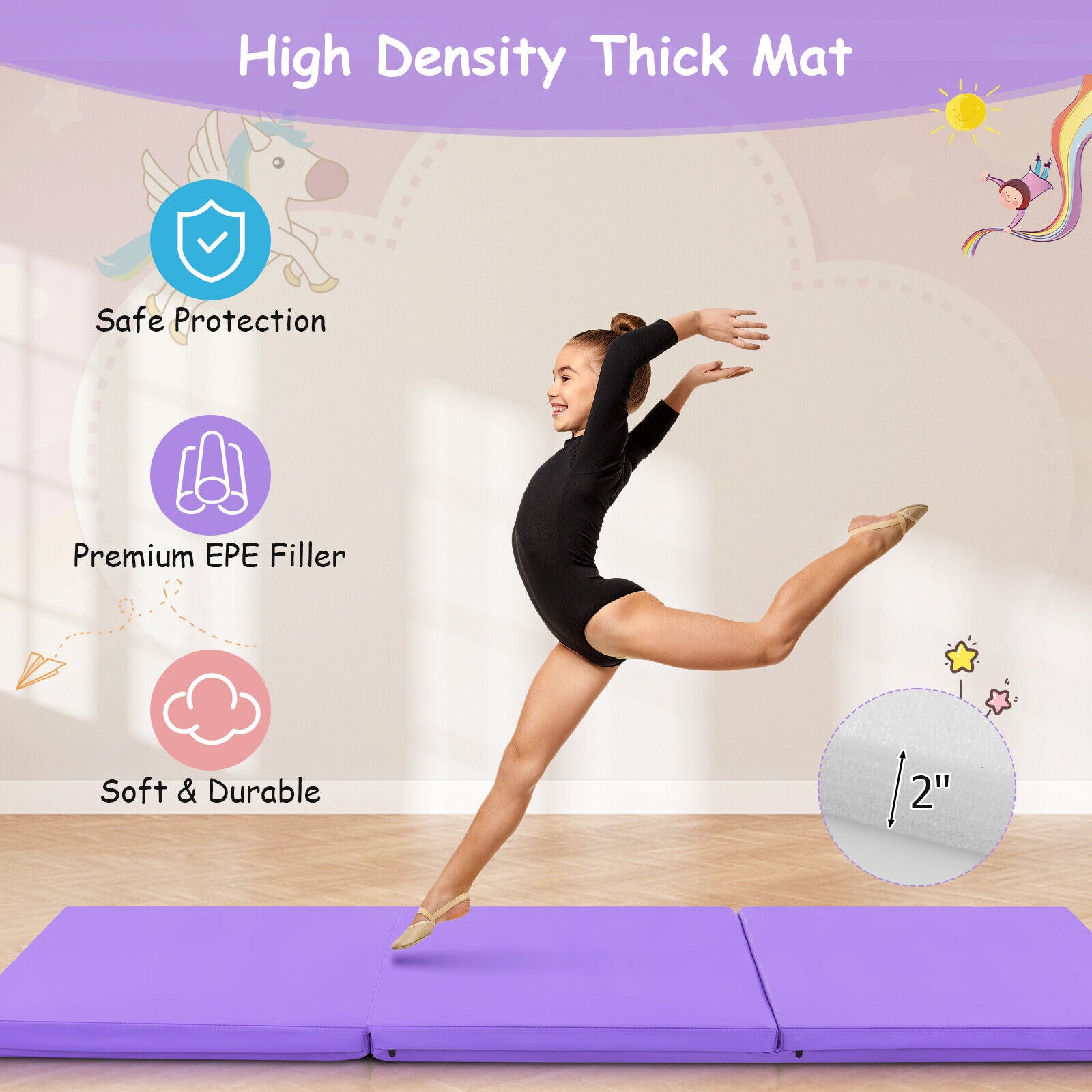 6 x 2 英尺三折健身垫，带手柄和可拆卸拉链罩 - 紫色 6 x 2 FT Tri-Fold Gym Mat with Handles and Removable Zippered Cover-Purple