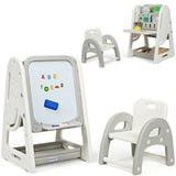 二合一儿童画架书桌椅套装书架可调节艺术绘画板-灰色 2-in-1 Kids Easel Desk Chair Set Book Rack Adjustable Art Painting Board-Gray