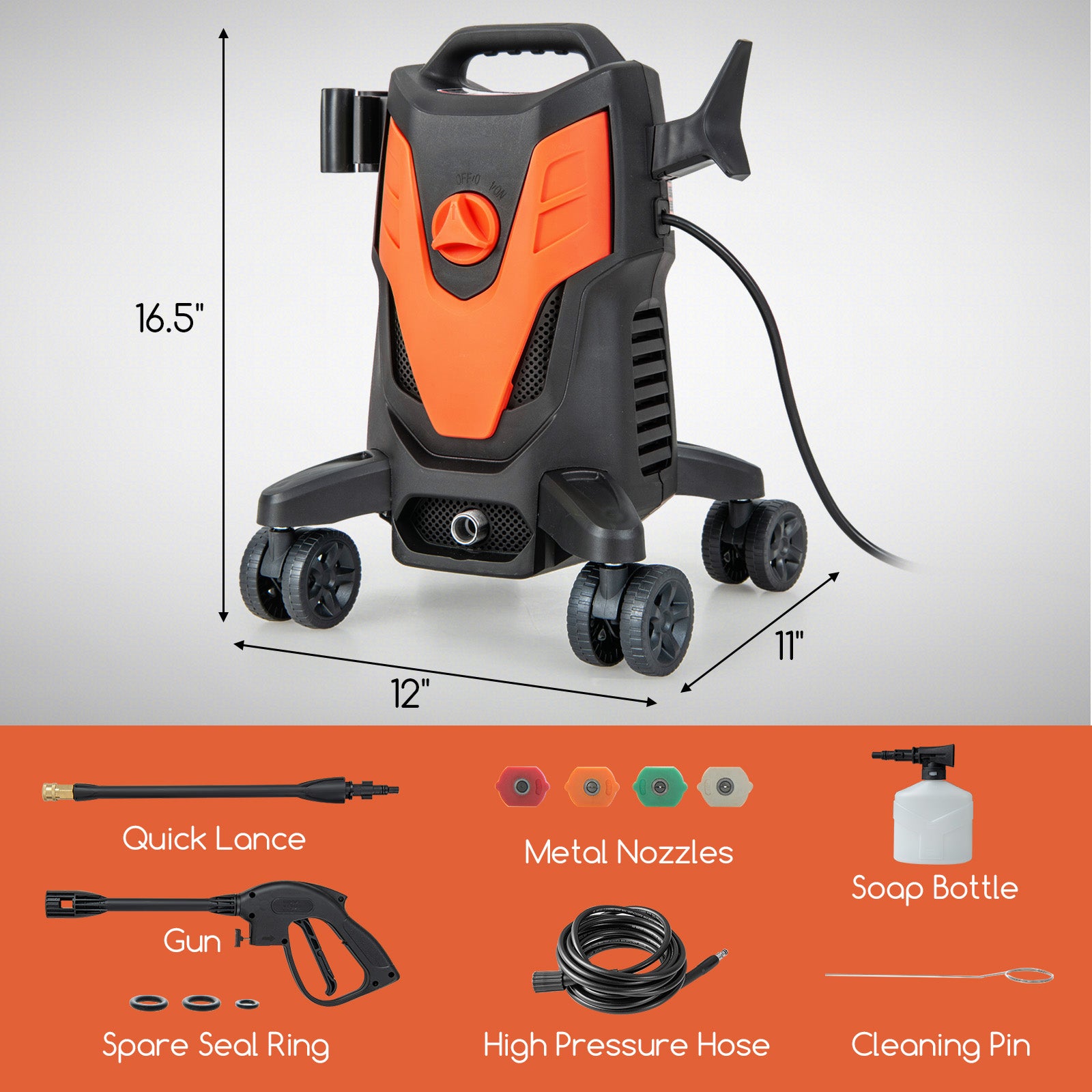 2400 PSI 电动高压清洗机带 4 个万向轮-橙色 2400 PSI Electric Pressure Washer with 4 Universal Wheels-Orange