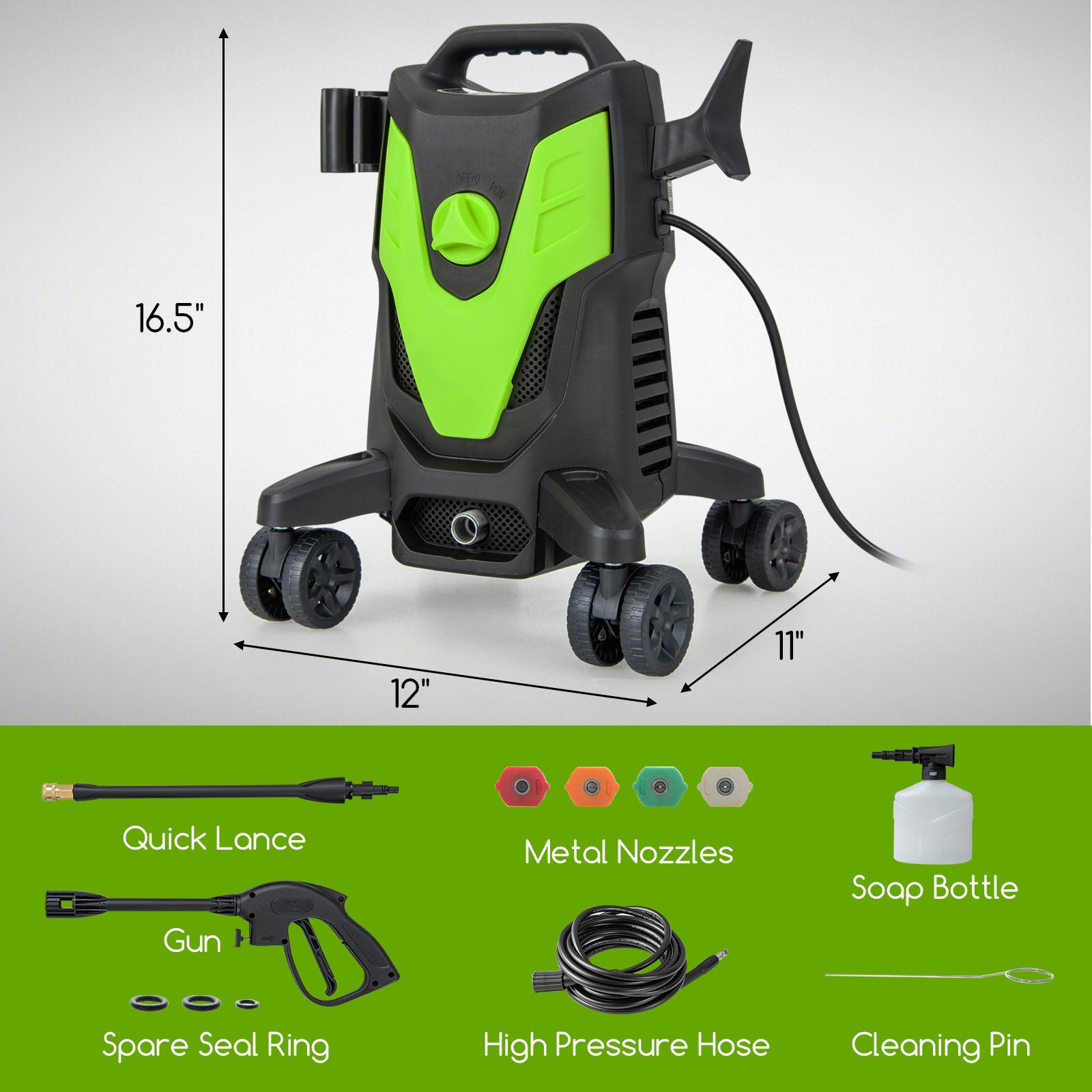 2400 PSI 电动高压清洗机带 4 个万向轮-绿色 2400 PSI Electric Pressure Washer with 4 Universal Wheels-Green