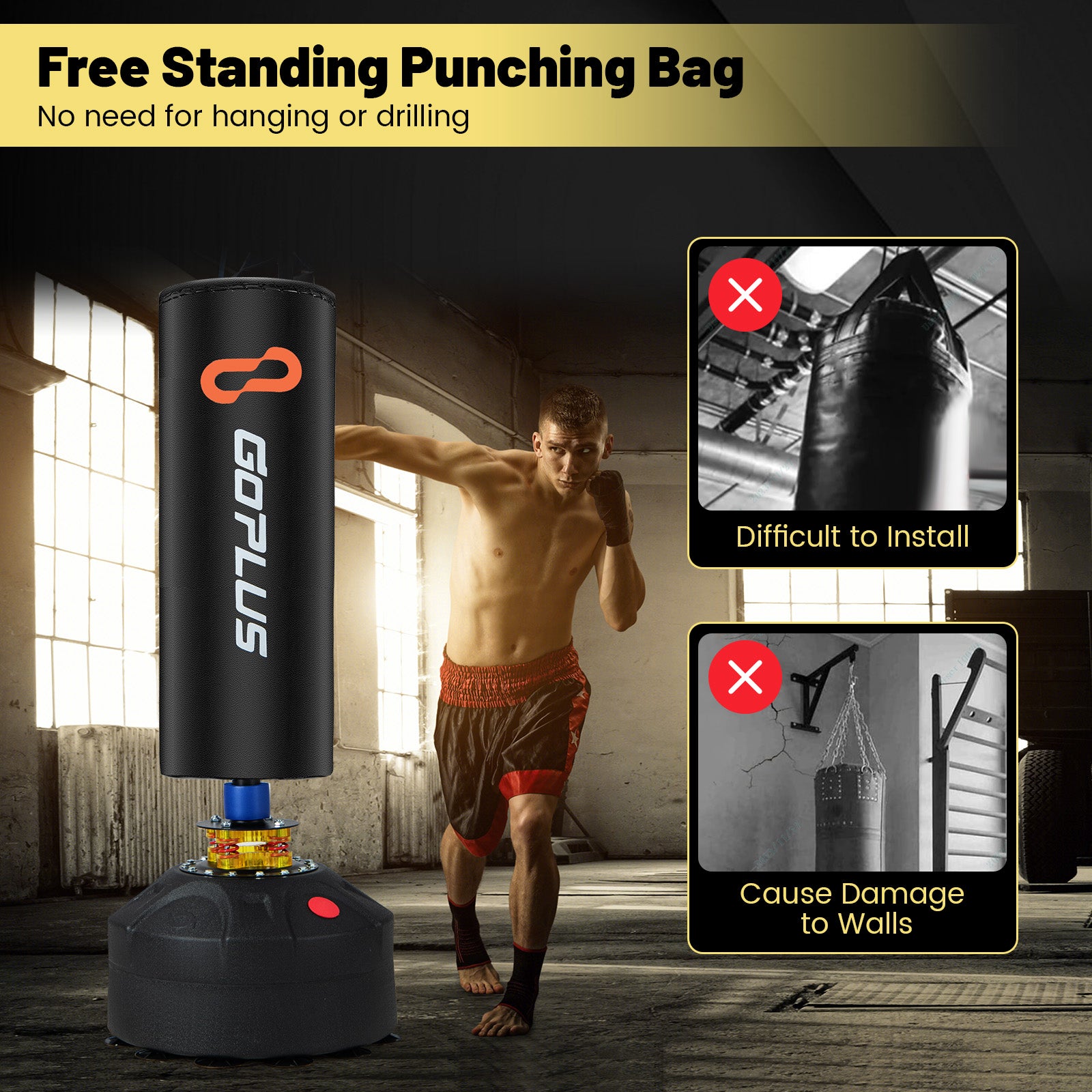 带支架和吸盘底座的独立式沙袋跆拳道袋 Freestanding Punching Bag Kickboxing Bag with Stand and Suction Cup Base