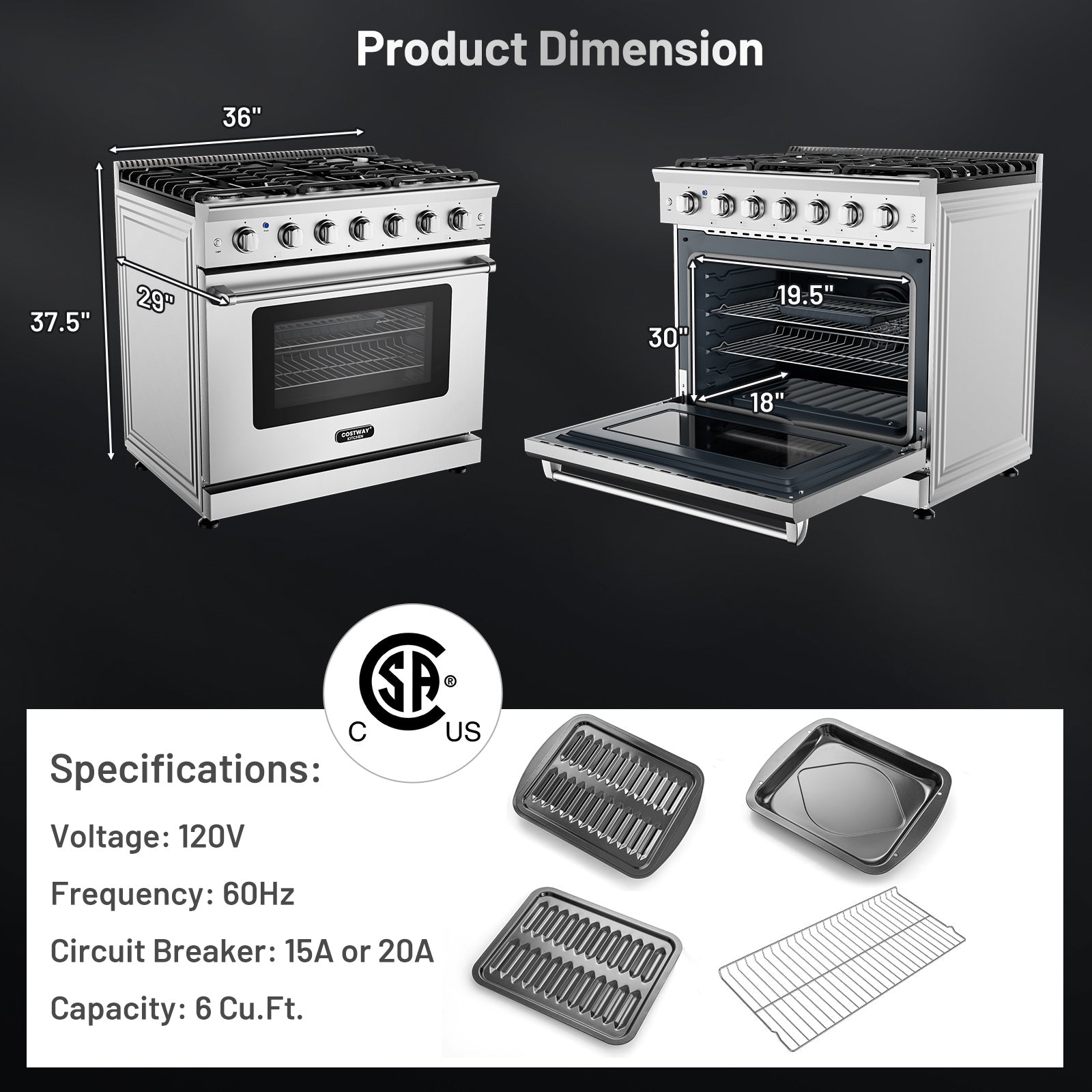 36 英寸独立式天然气灶，带 6 个燃烧器炉灶 36 Inches Freestanding Natural Gas Range with 6 Burners Cooktop