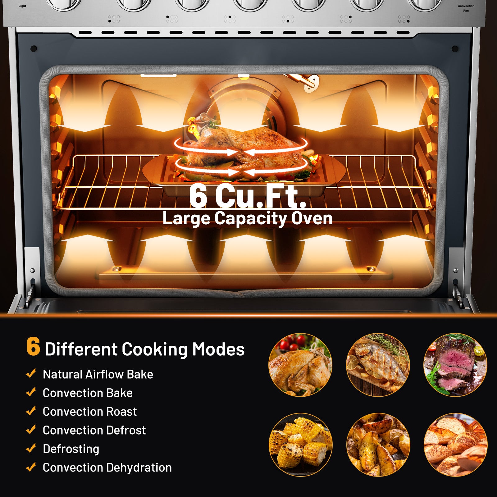 36 英寸独立式天然气灶，带 6 个燃烧器炉灶 36 Inches Freestanding Natural Gas Range with 6 Burners Cooktop