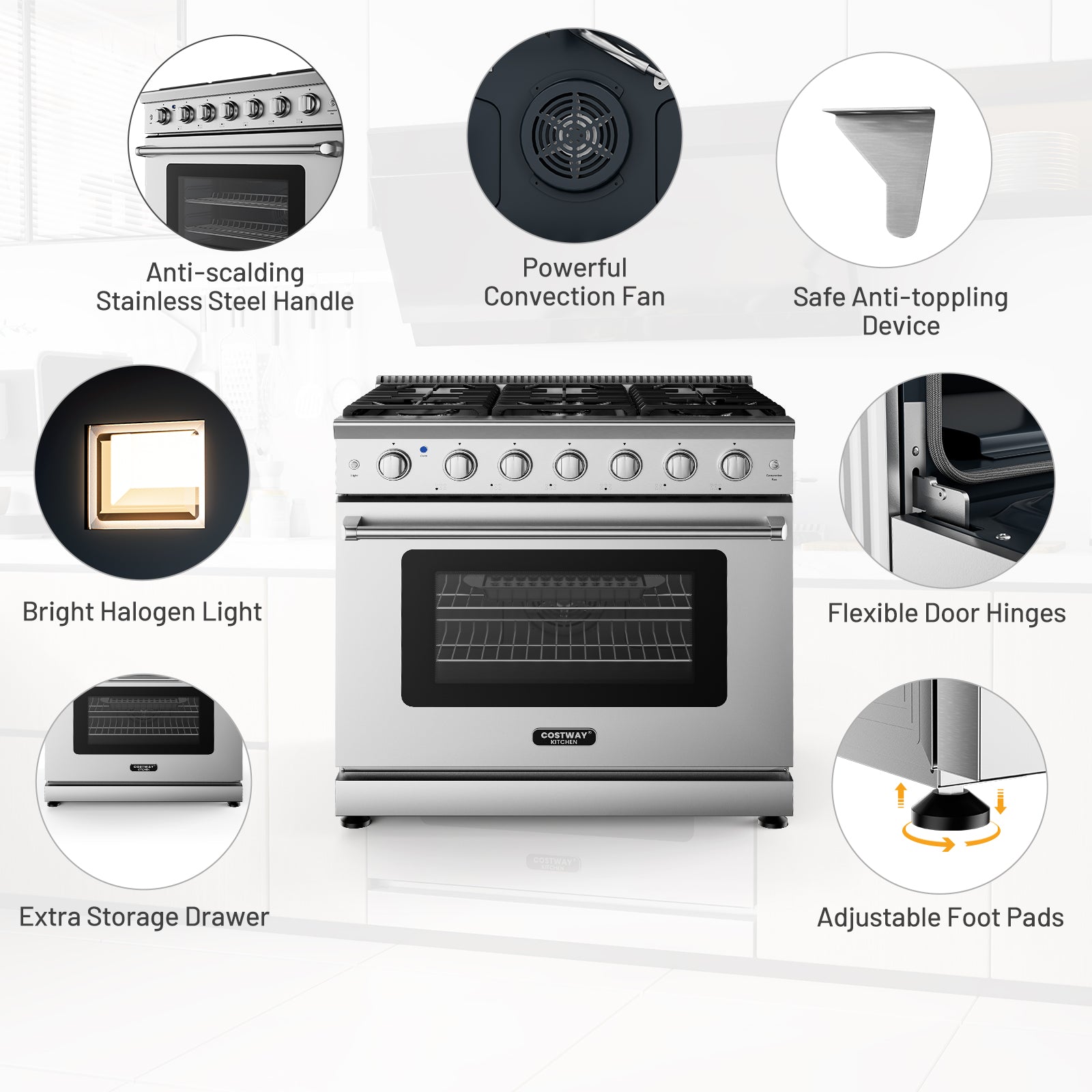 36 英寸独立式天然气灶，带 6 个燃烧器炉灶 36 Inches Freestanding Natural Gas Range with 6 Burners Cooktop