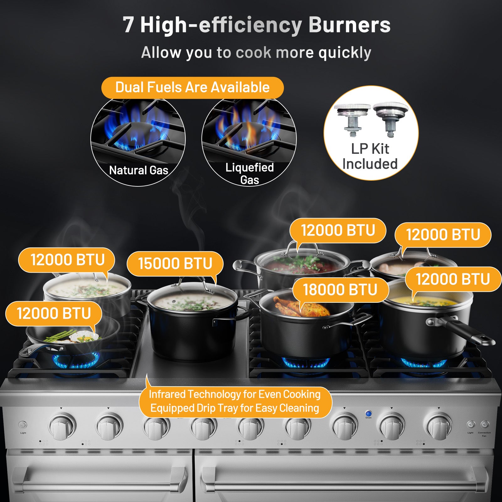 48 英寸独立式天然气灶，带 7 个燃烧器炉灶 48 Inches Freestanding Natural Gas Range with 7 Burners Cooktop