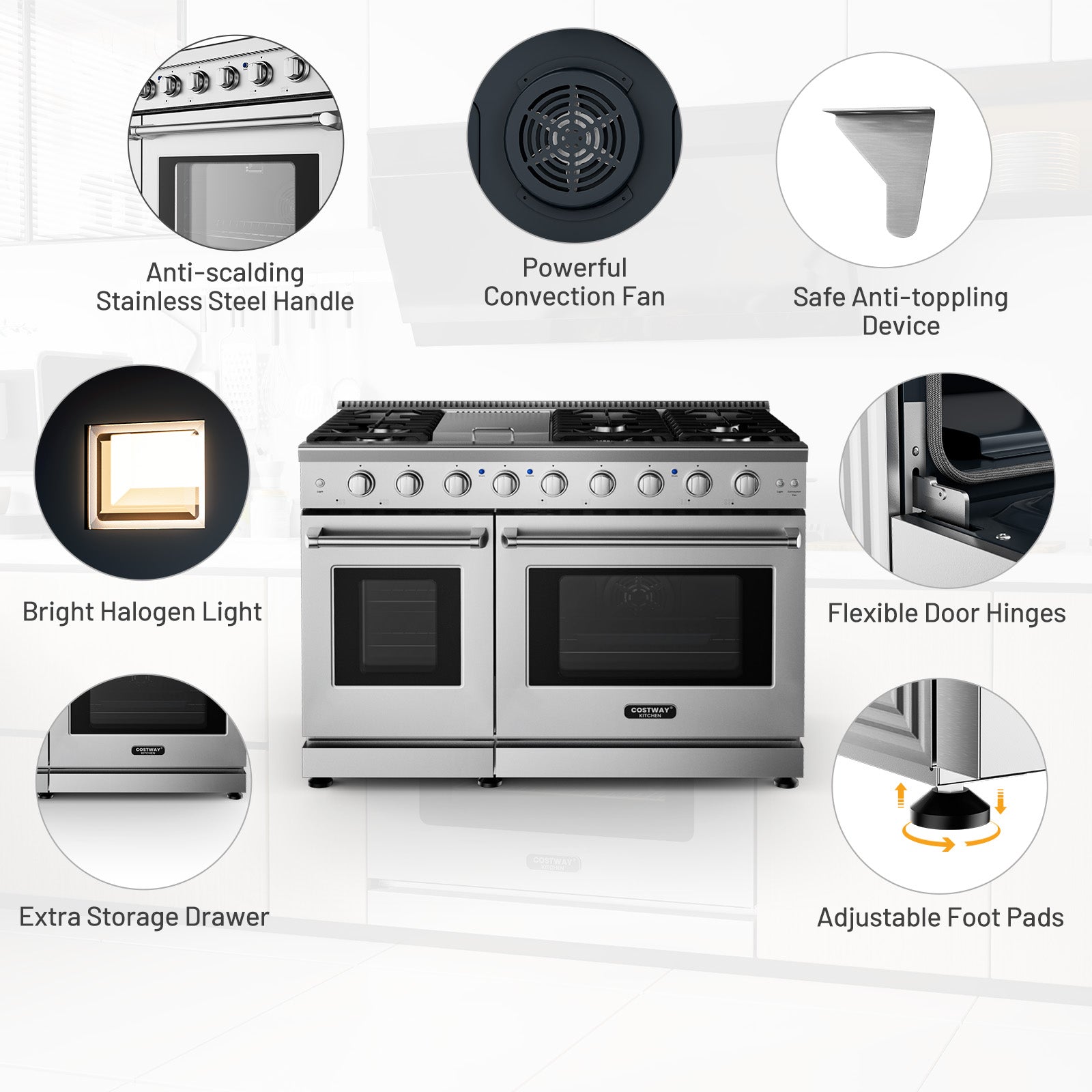 48 英寸独立式天然气灶，带 7 个燃烧器炉灶 48 Inches Freestanding Natural Gas Range with 7 Burners Cooktop