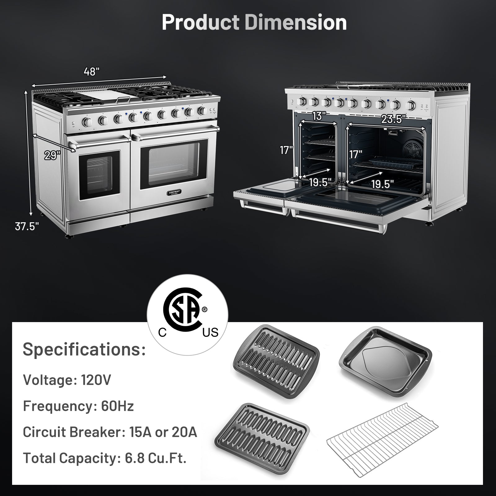 48 英寸独立式天然气灶，带 7 个燃烧器炉灶 48 Inches Freestanding Natural Gas Range with 7 Burners Cooktop