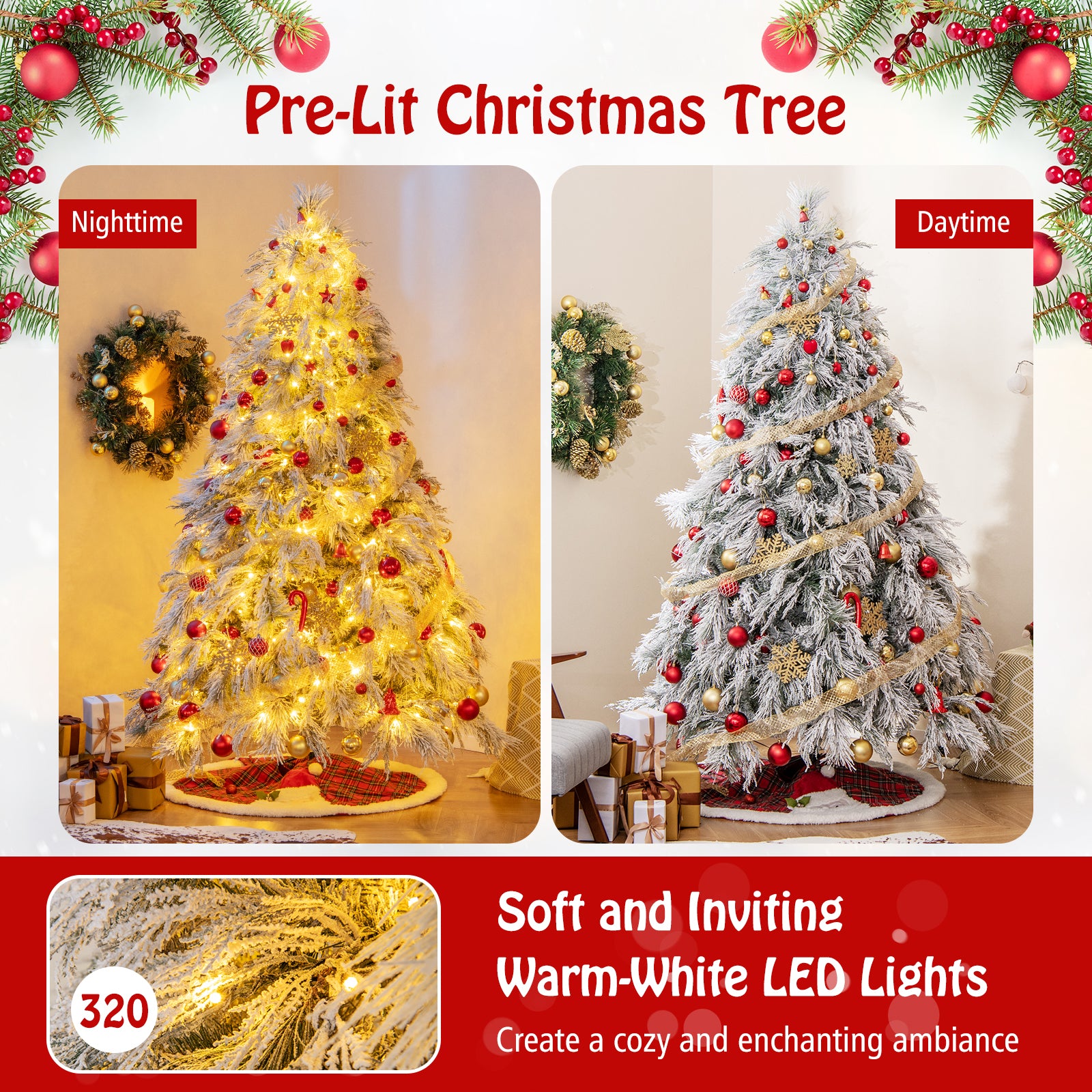 7 英尺预亮雪植绒圣诞树，带暖白色 LED 灯 - 7 英尺 7 Feet Pre-Lit Snow Flocked Christmas Tree with Warm White LED Lights-7 ft