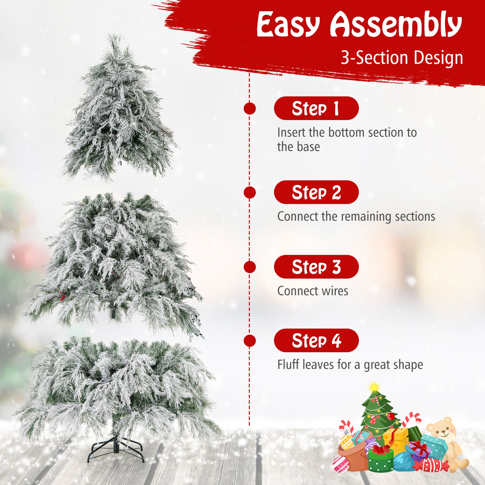 7 英尺预亮雪植绒圣诞树，带暖白色 LED 灯 - 7 英尺 7 Feet Pre-Lit Snow Flocked Christmas Tree with Warm White LED Lights-7 ft