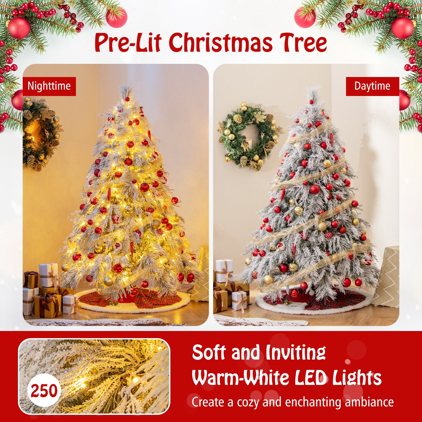 6 英尺预亮雪植绒圣诞树，带暖白色 LED 灯 - 6 英尺 6 Feet Pre-Lit Snow Flocked Christmas Tree with Warm White LED Lights-6 ft